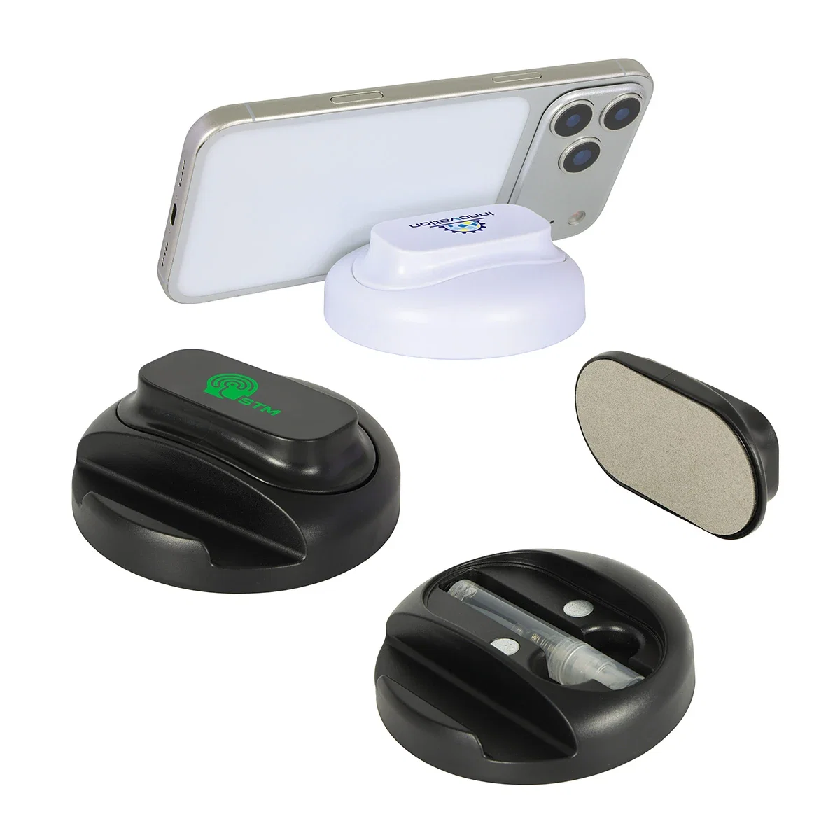 Custom Asana Phone Stand with Built-In Screen Cleaner and Spray, front view of the branded stand