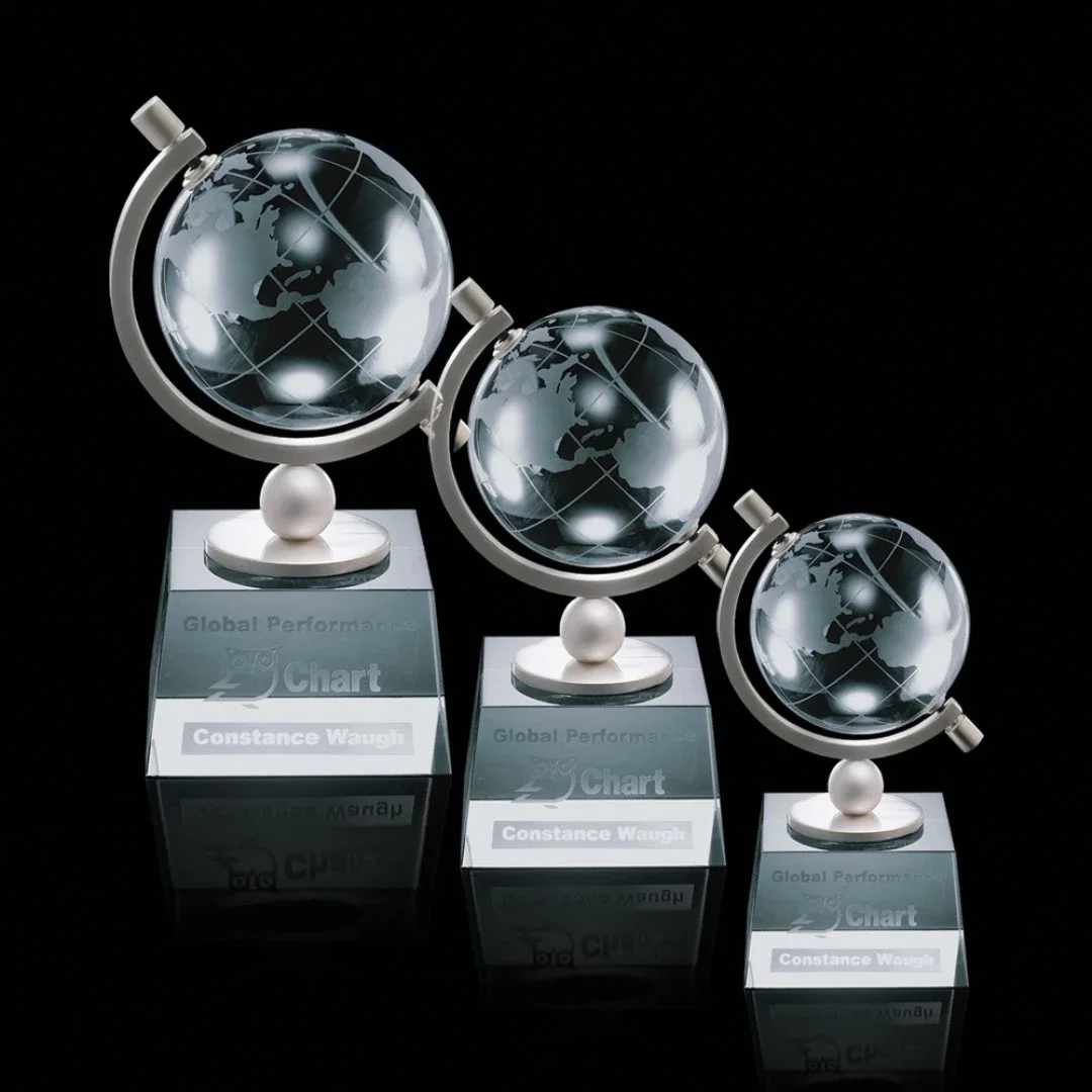 Custom Optical Crystal Globe Award in an Aluminum Holder Frame for employee recognition