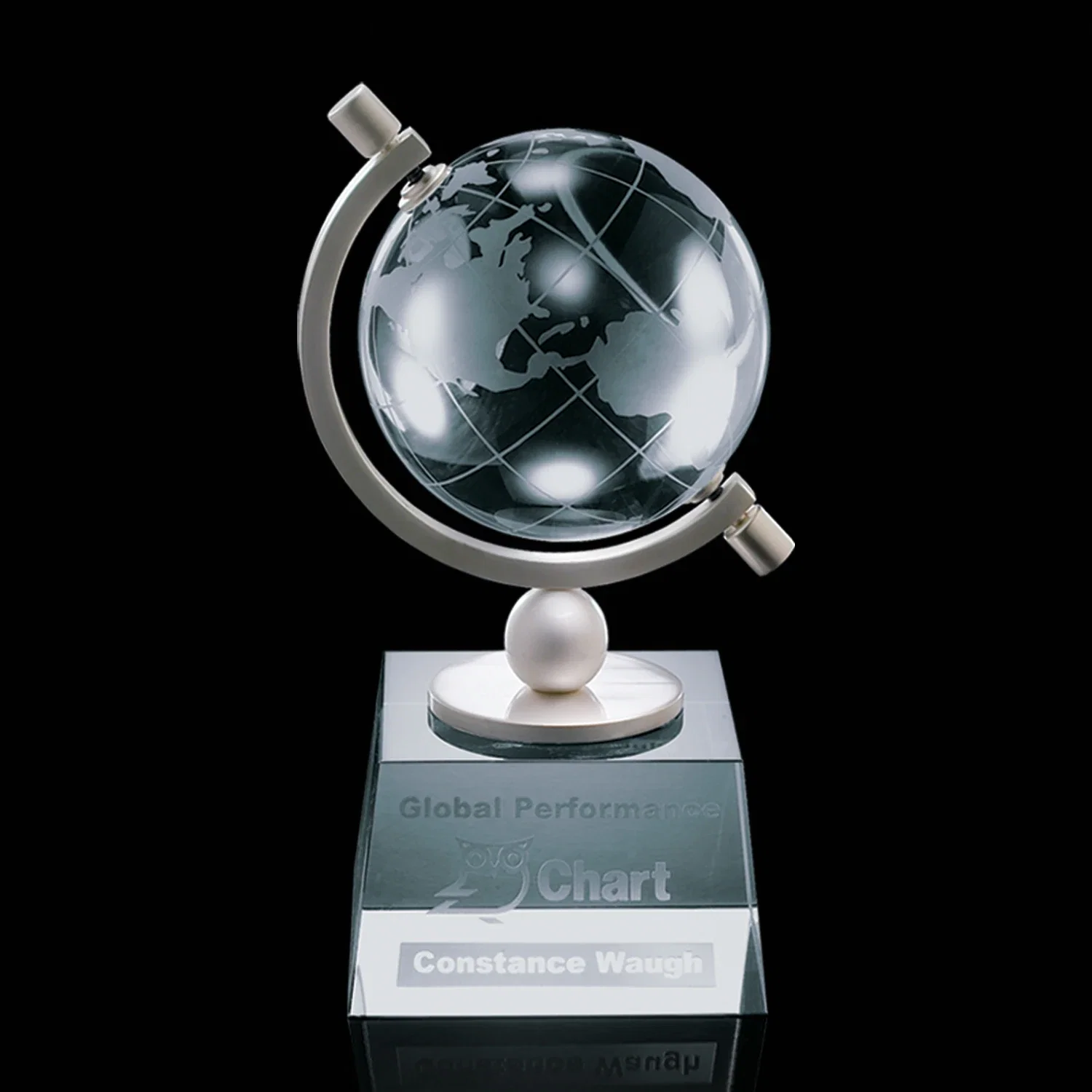 Custom Optical Crystal Globe Award in an Aluminum Holder Frame for corporate award ceremonies