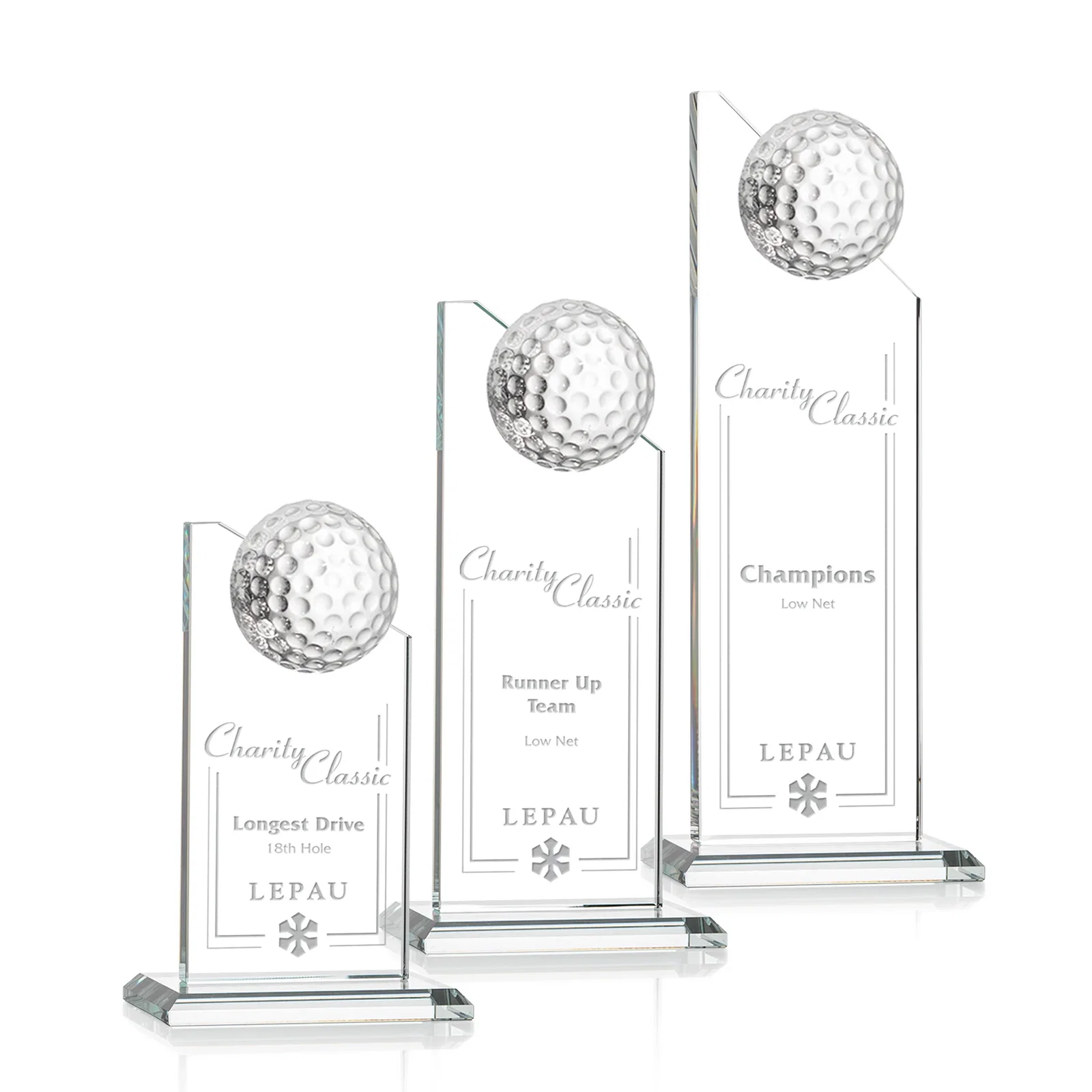 Custom Starfire Crystal Tower Award with Golf Ball on Slanted Top for employee recognition