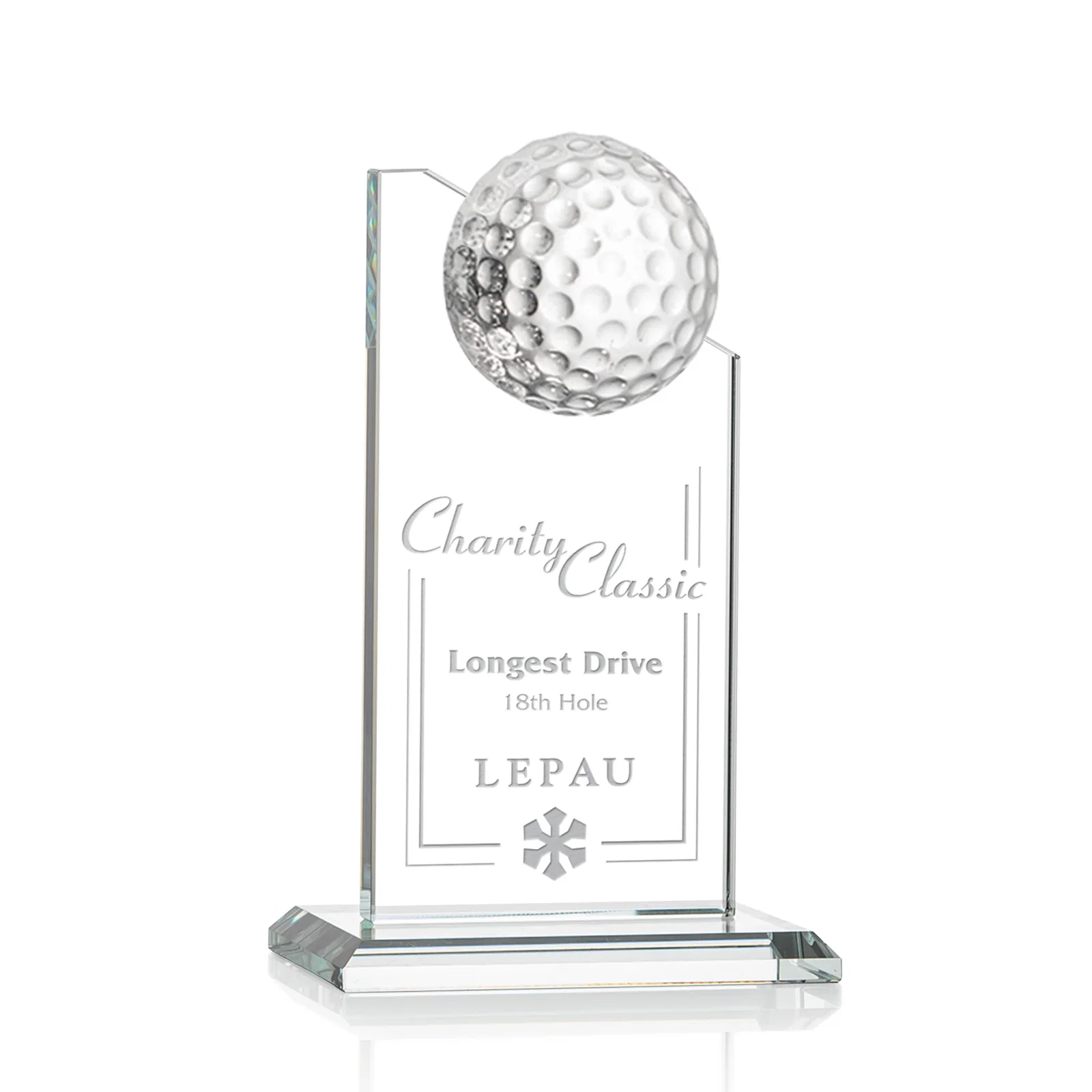 Custom Starfire Crystal Tower Award with Golf Ball on Slanted Top for corporate award ceremonies