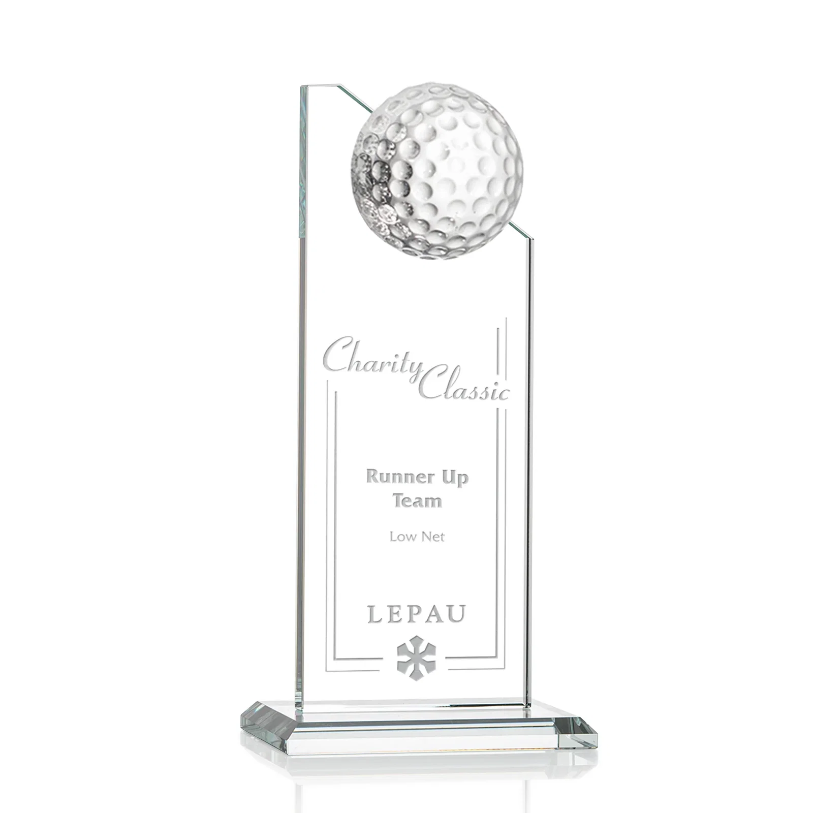 Custom Starfire Crystal Tower Award with Golf Ball on Slanted Top for service anniversary gifts