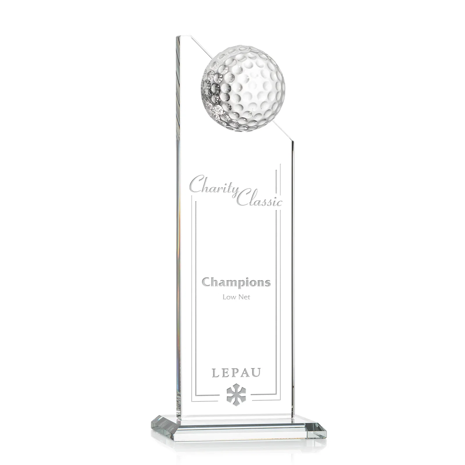 Custom Starfire Crystal Tower Award with Golf Ball on Slanted Top for sales achievement awards