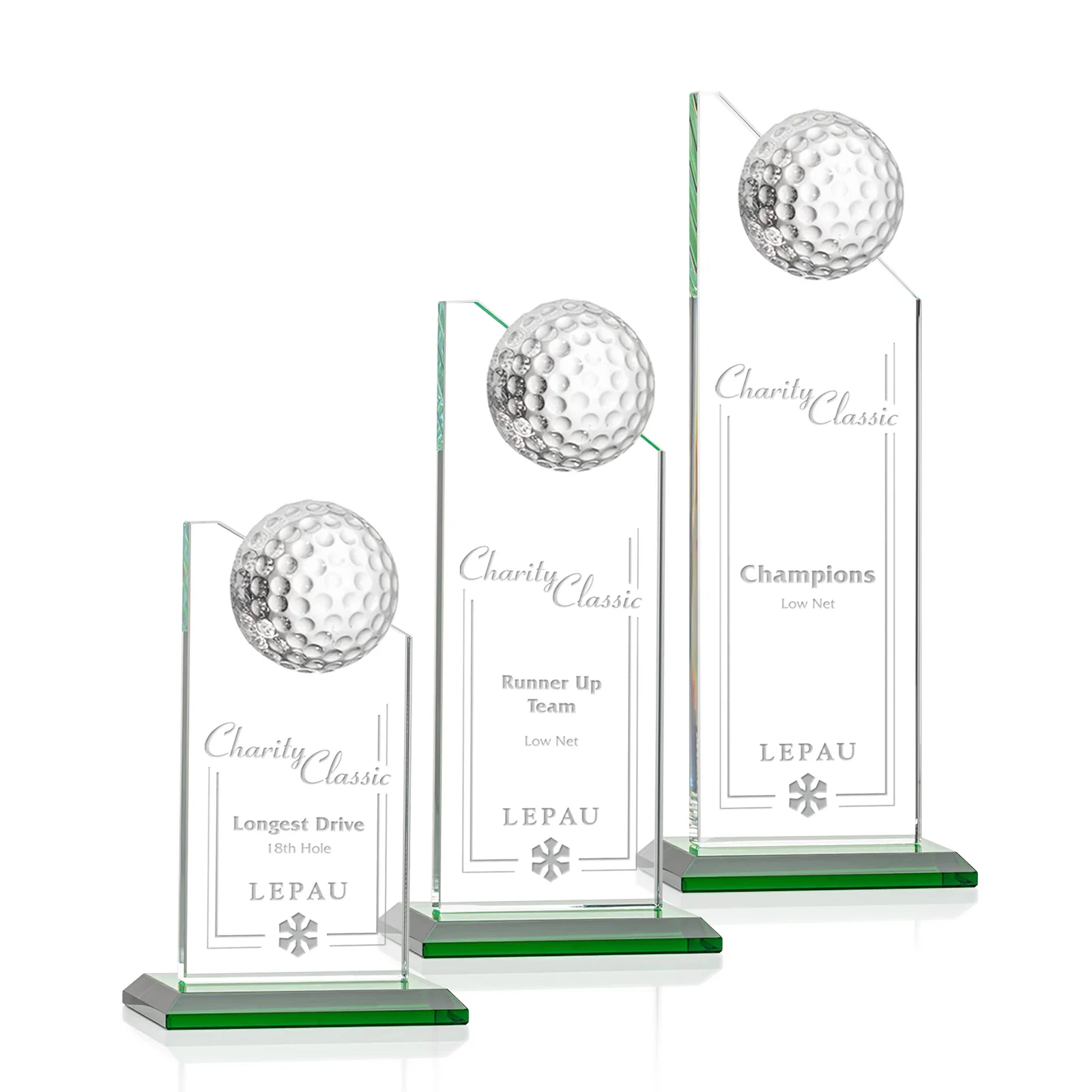 Custom Starfire Crystal Tower Award with Golf Ball on Slanted Top for retirement presentations