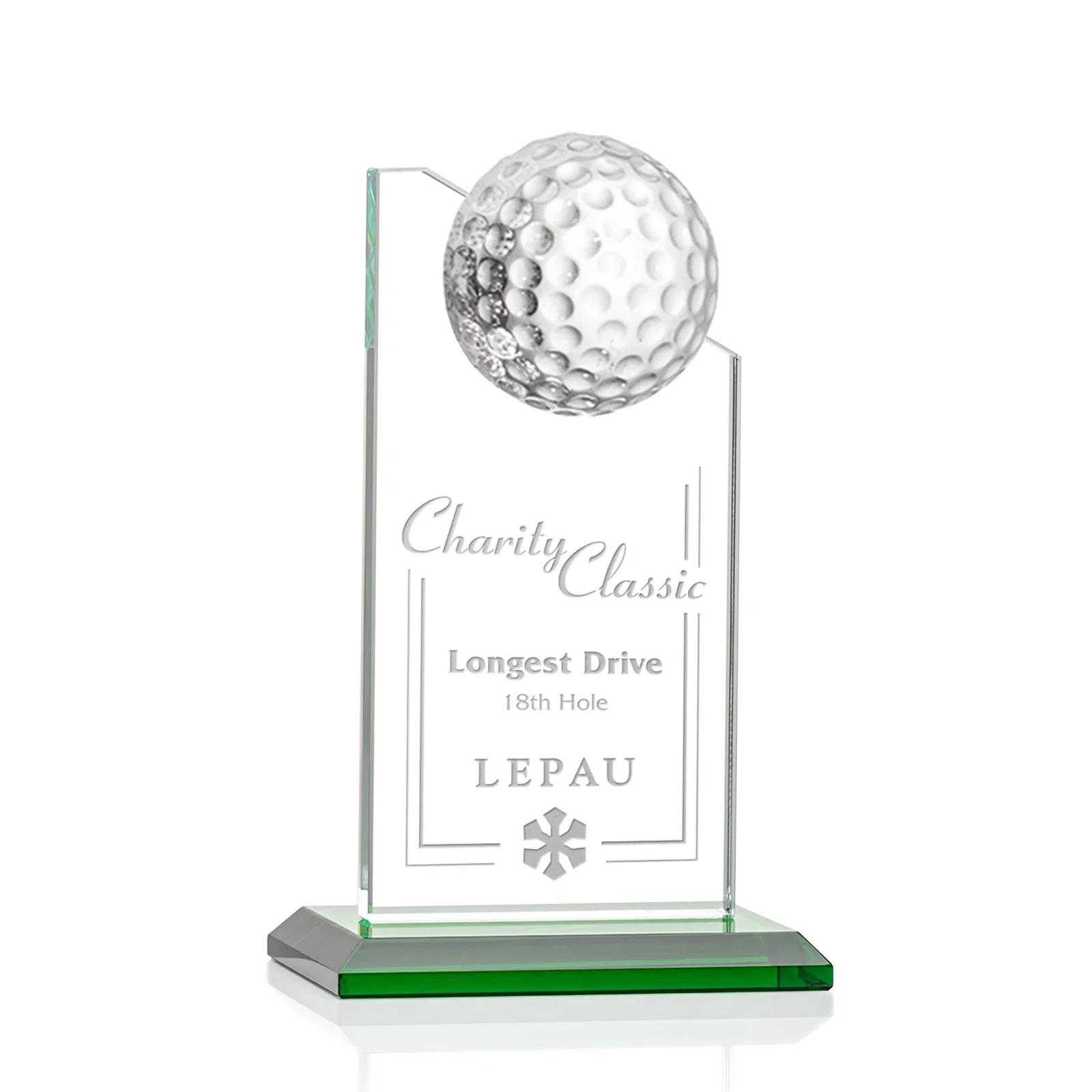 Custom Starfire Crystal Tower Award with Golf Ball on Slanted Top for team milestone celebrations