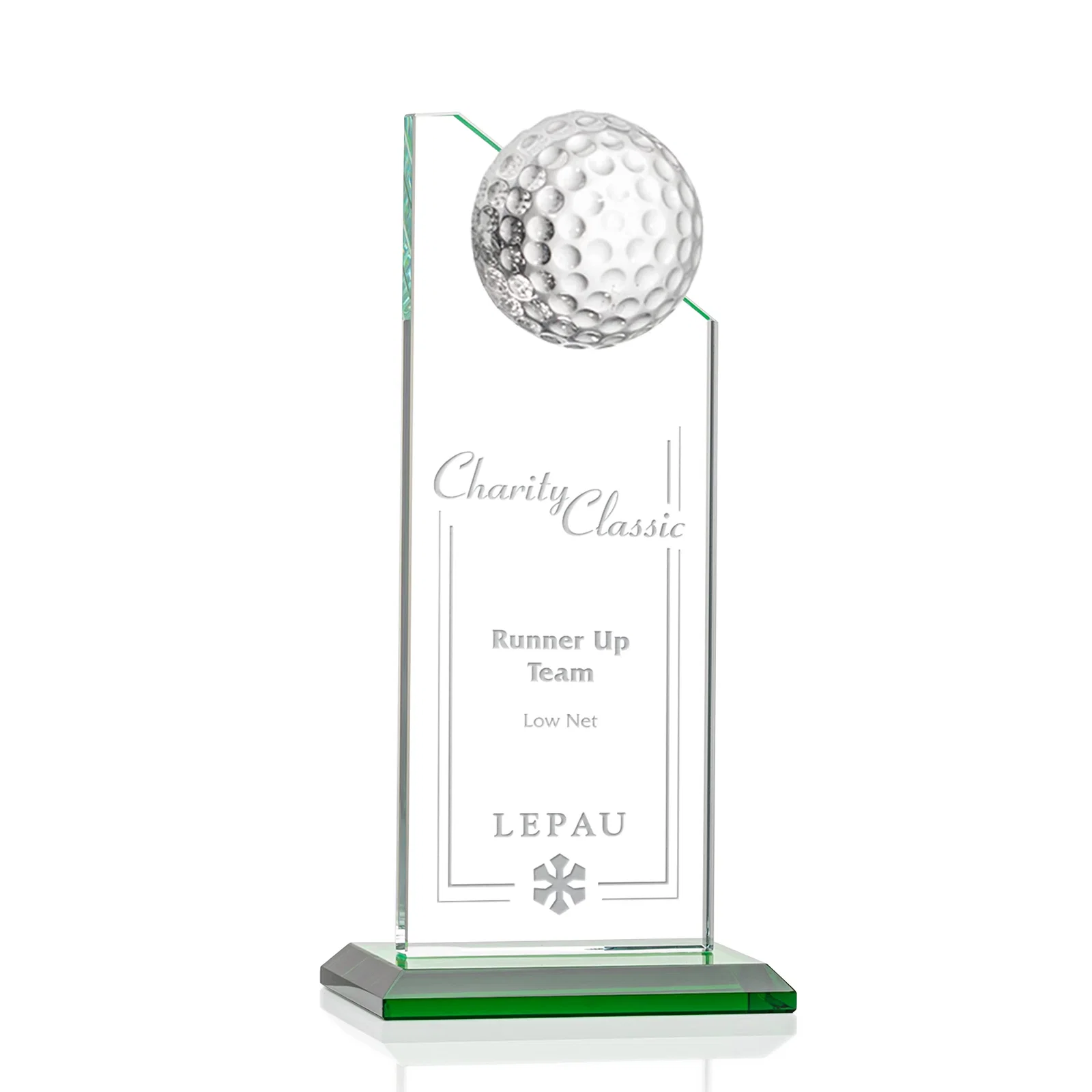 Custom Starfire Crystal Tower Award with Golf Ball on Slanted Top for donor appreciation