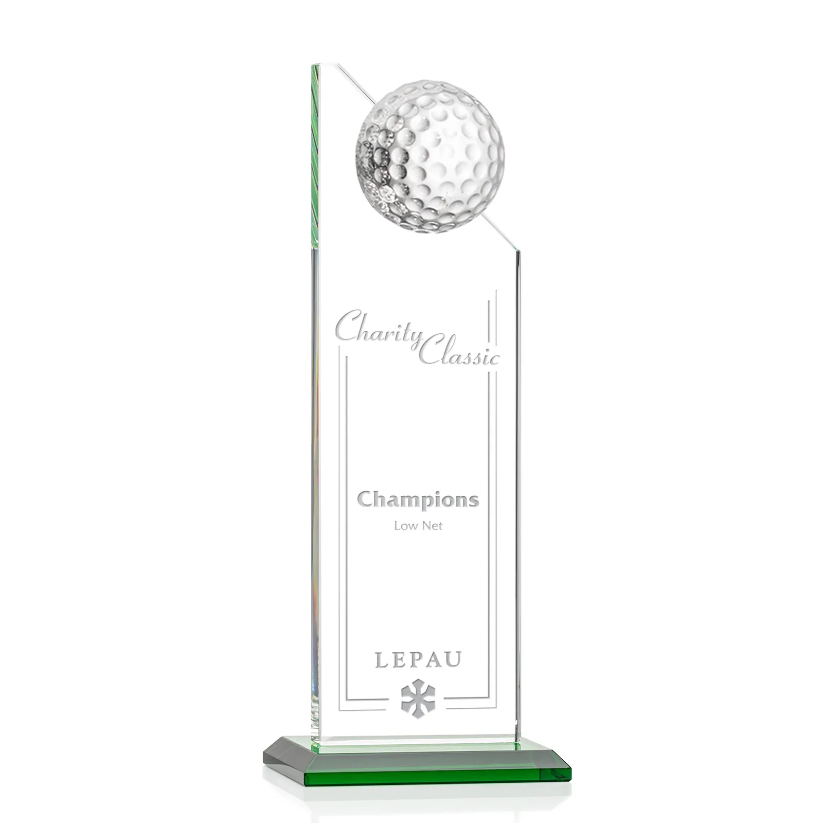 Custom Starfire Crystal Tower Award with Golf Ball on Slanted Top for graduation ceremonies
