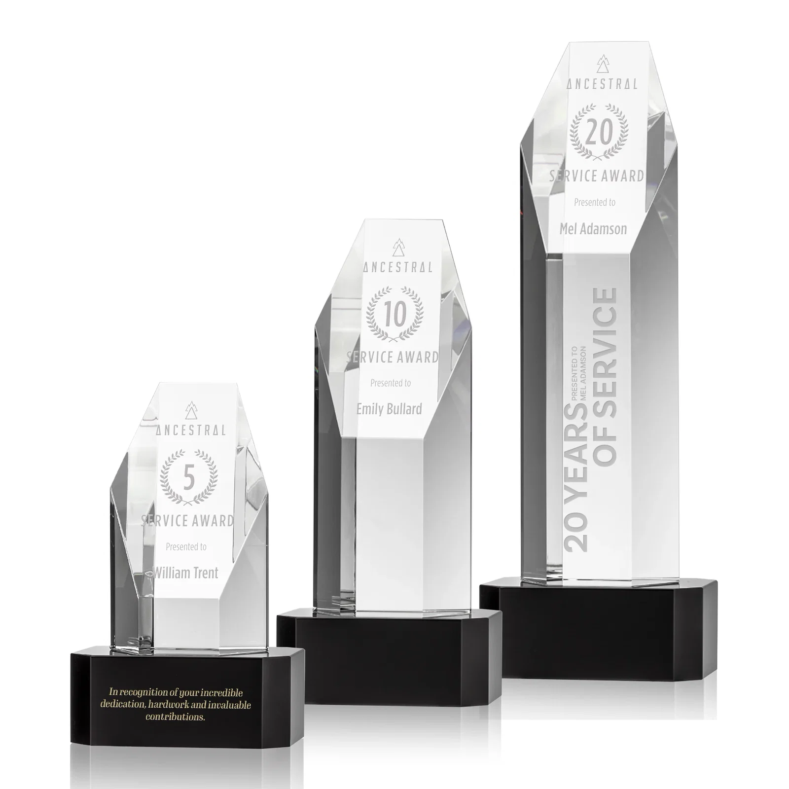 Custom Optical Crystal Polygon Tower Award with Slanted Top for retirement presentations