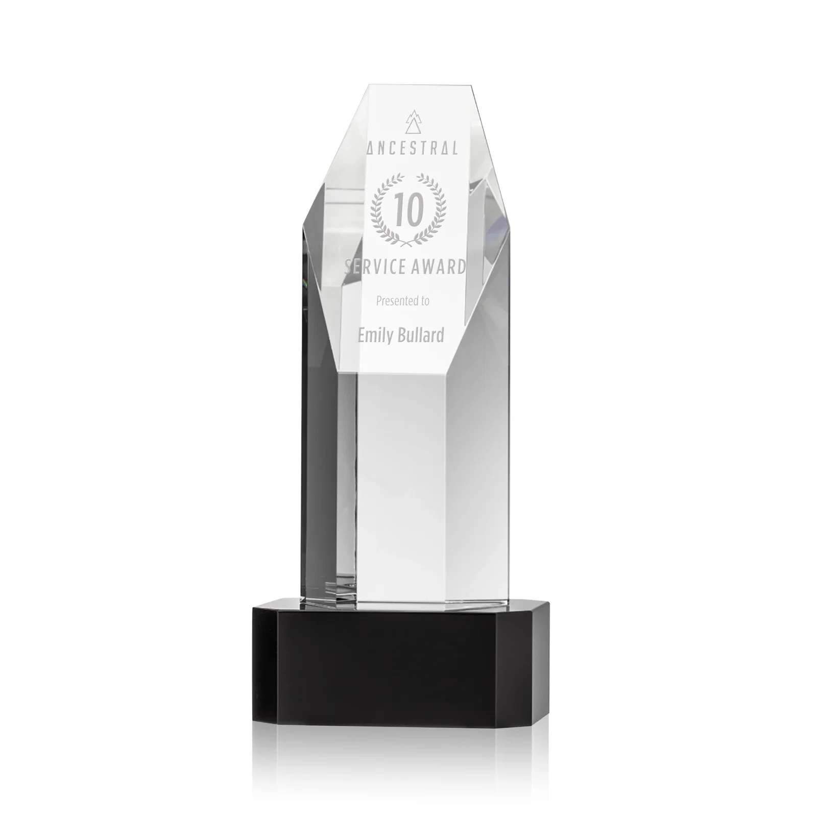 Custom Optical Crystal Polygon Tower Award with Slanted Top for donor appreciation