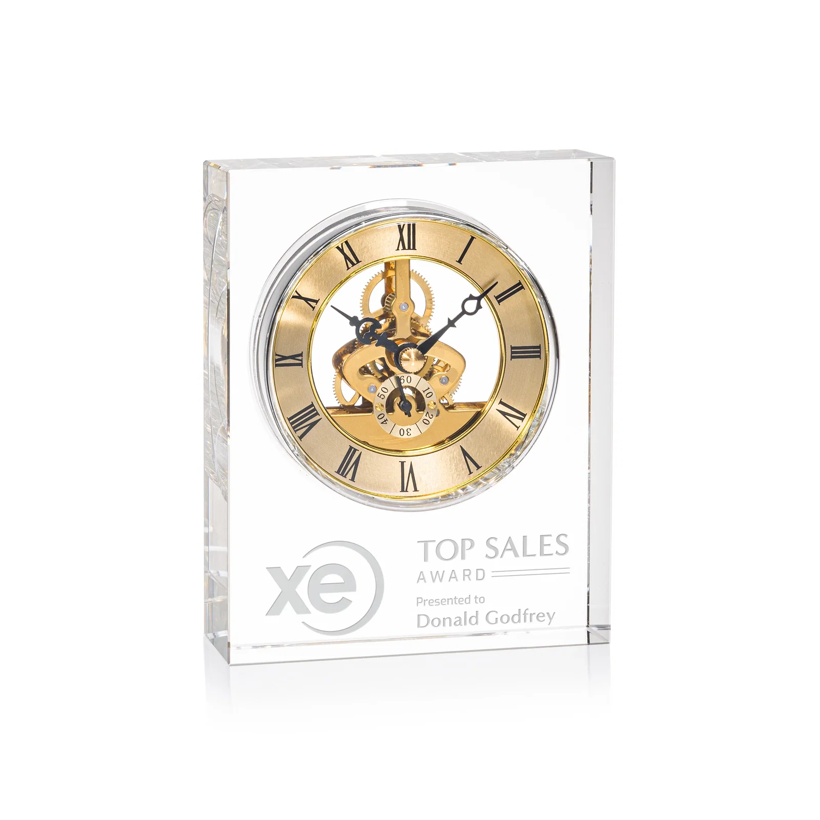 Custom Freestanding Optical Crystal Clock With Gold Skeleton Movement for employee recognition