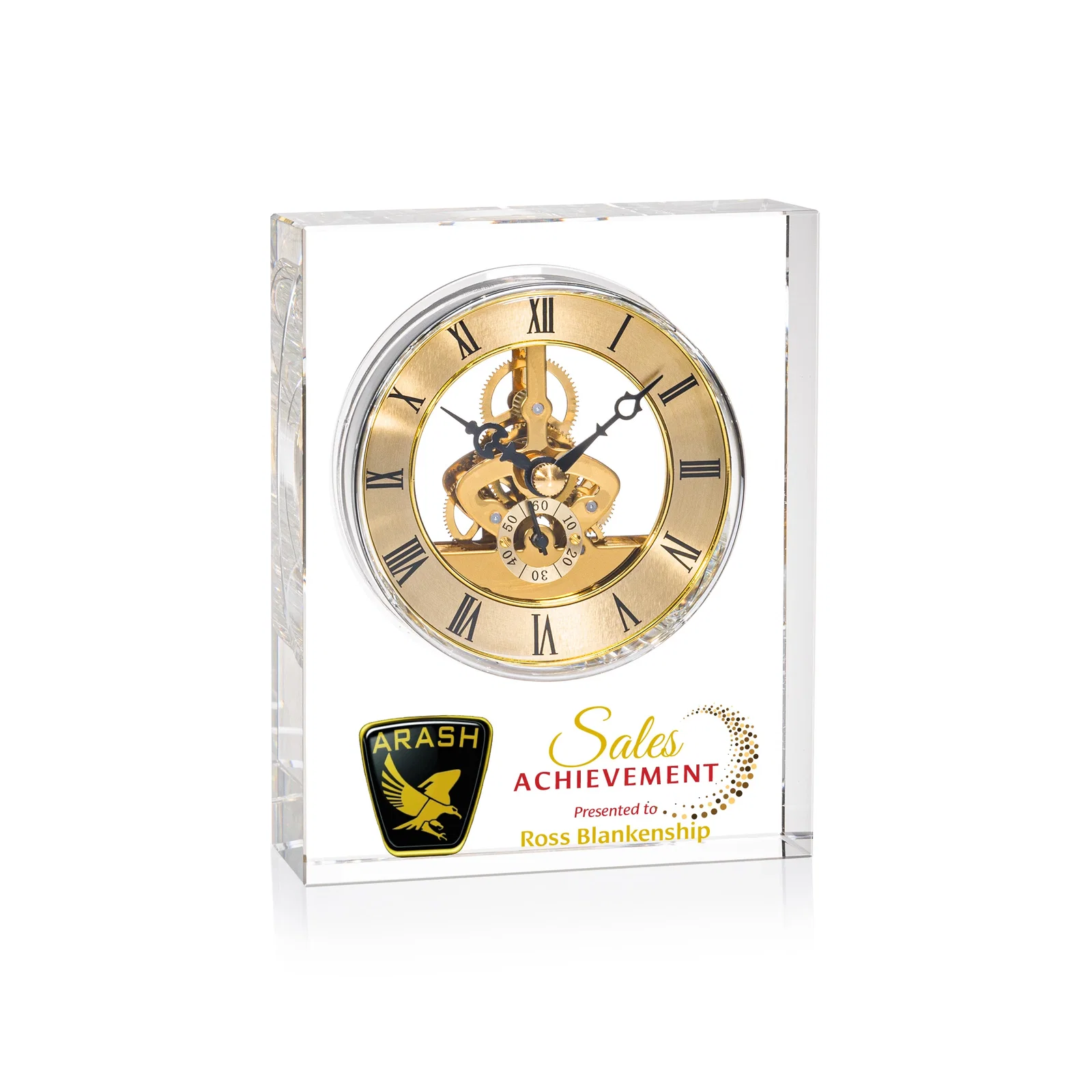 Custom Freestanding Optical Crystal Clock With Gold Skeleton Movement for corporate award ceremonies