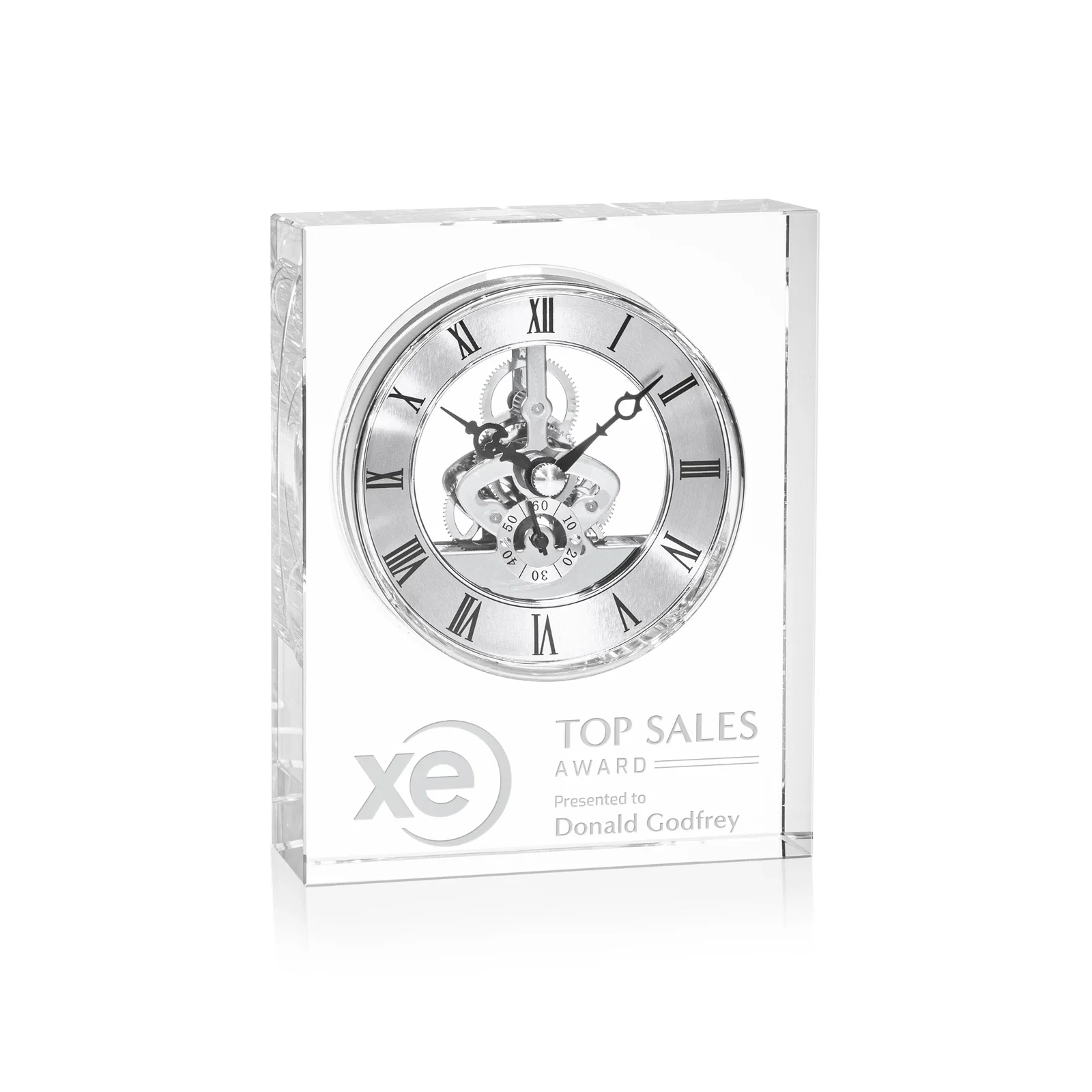 Custom Freestanding Optical Crystal Clock With Gold Skeleton Movement for service anniversary gifts