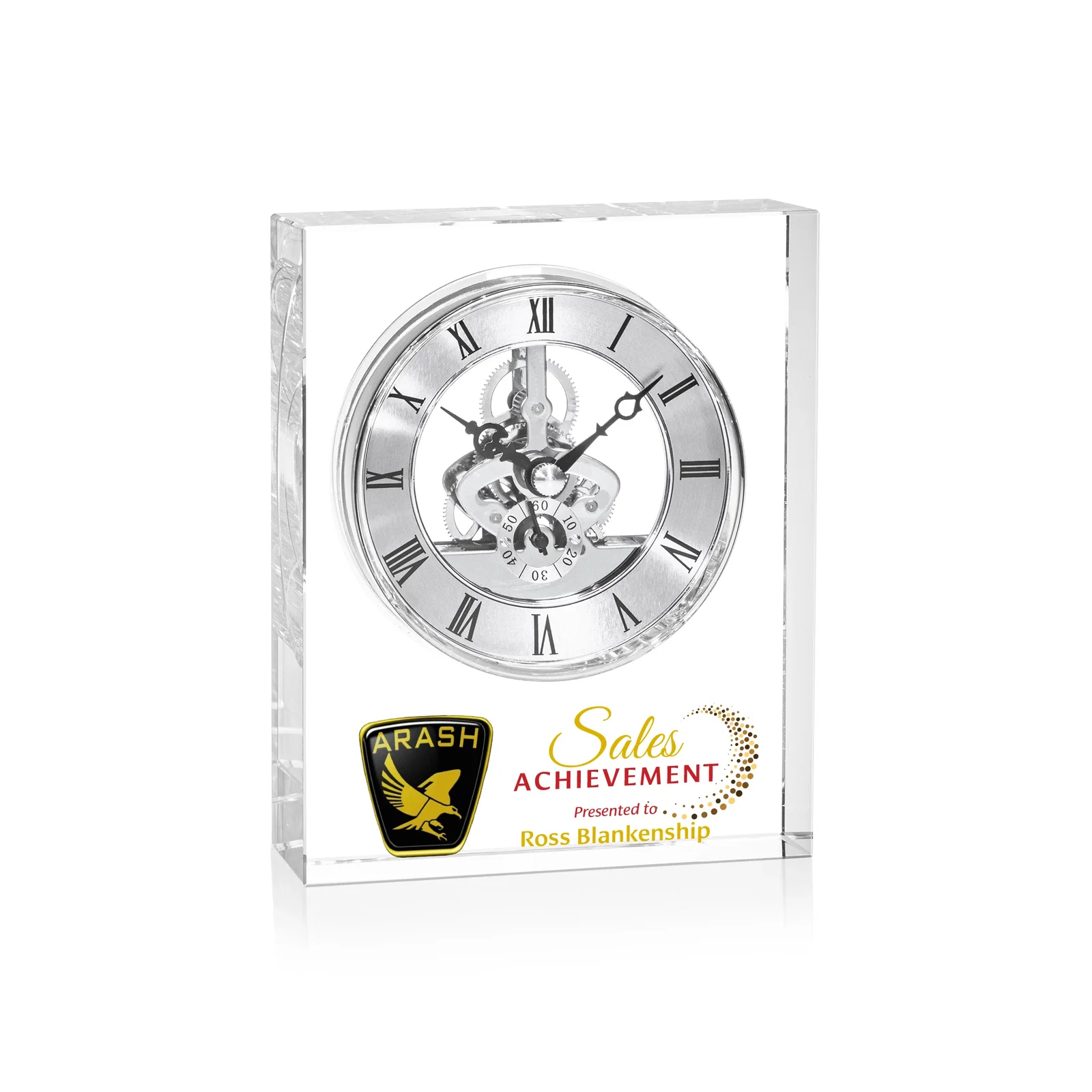 Custom Freestanding Optical Crystal Clock With Gold Skeleton Movement for sales achievement awards