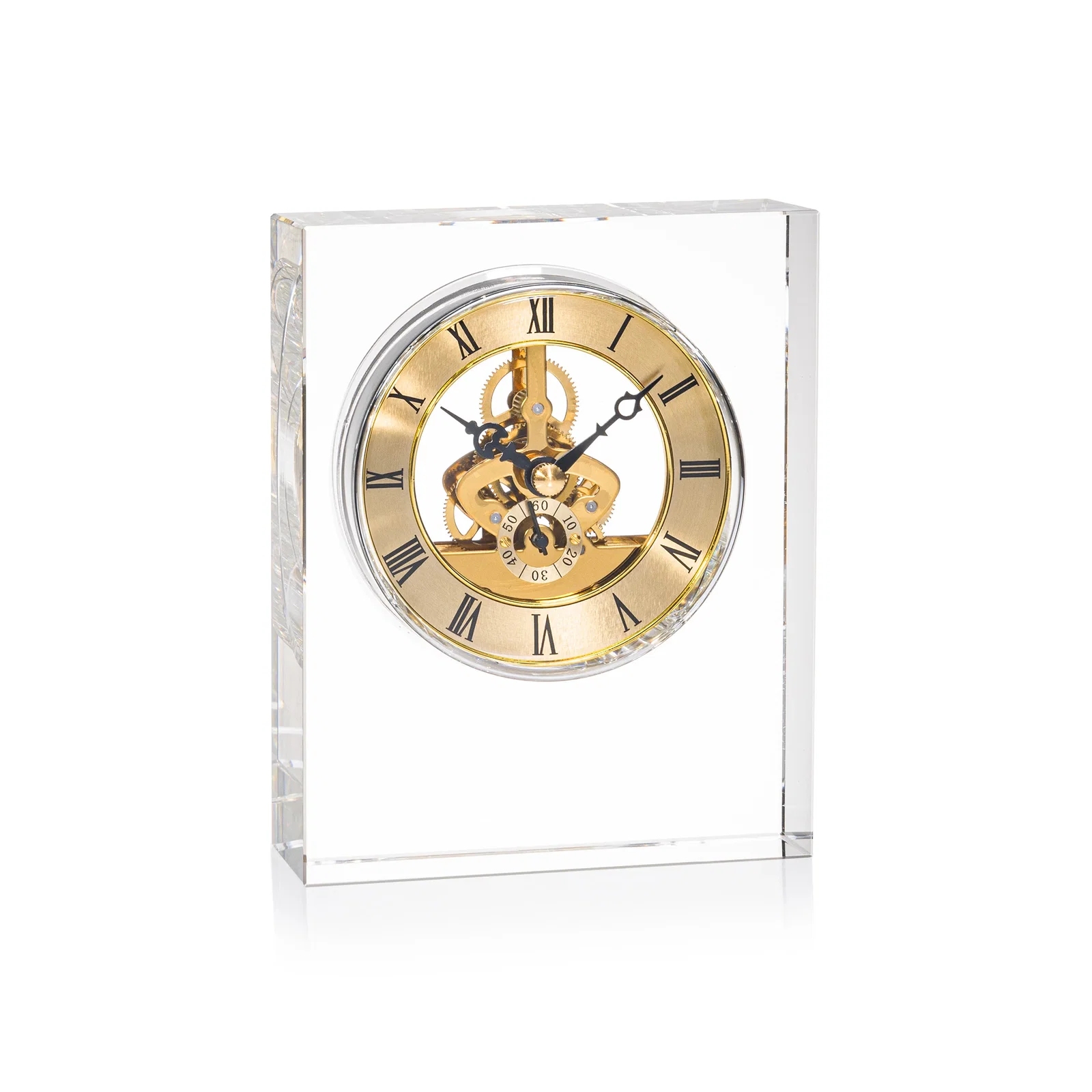 Custom Freestanding Optical Crystal Clock With Gold Skeleton Movement for retirement presentations