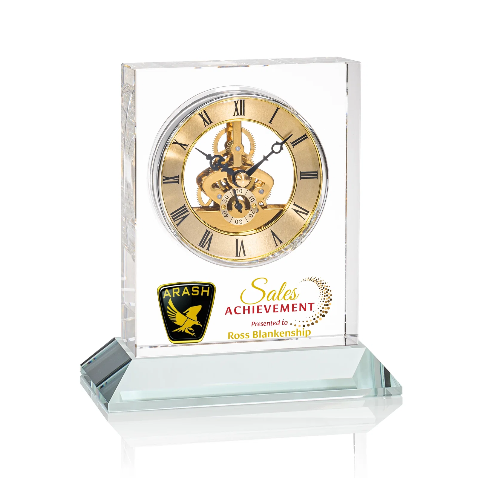 Custom Optical Crystal Skeleton Clock With Eleven Base Color Options for volunteer appreciation