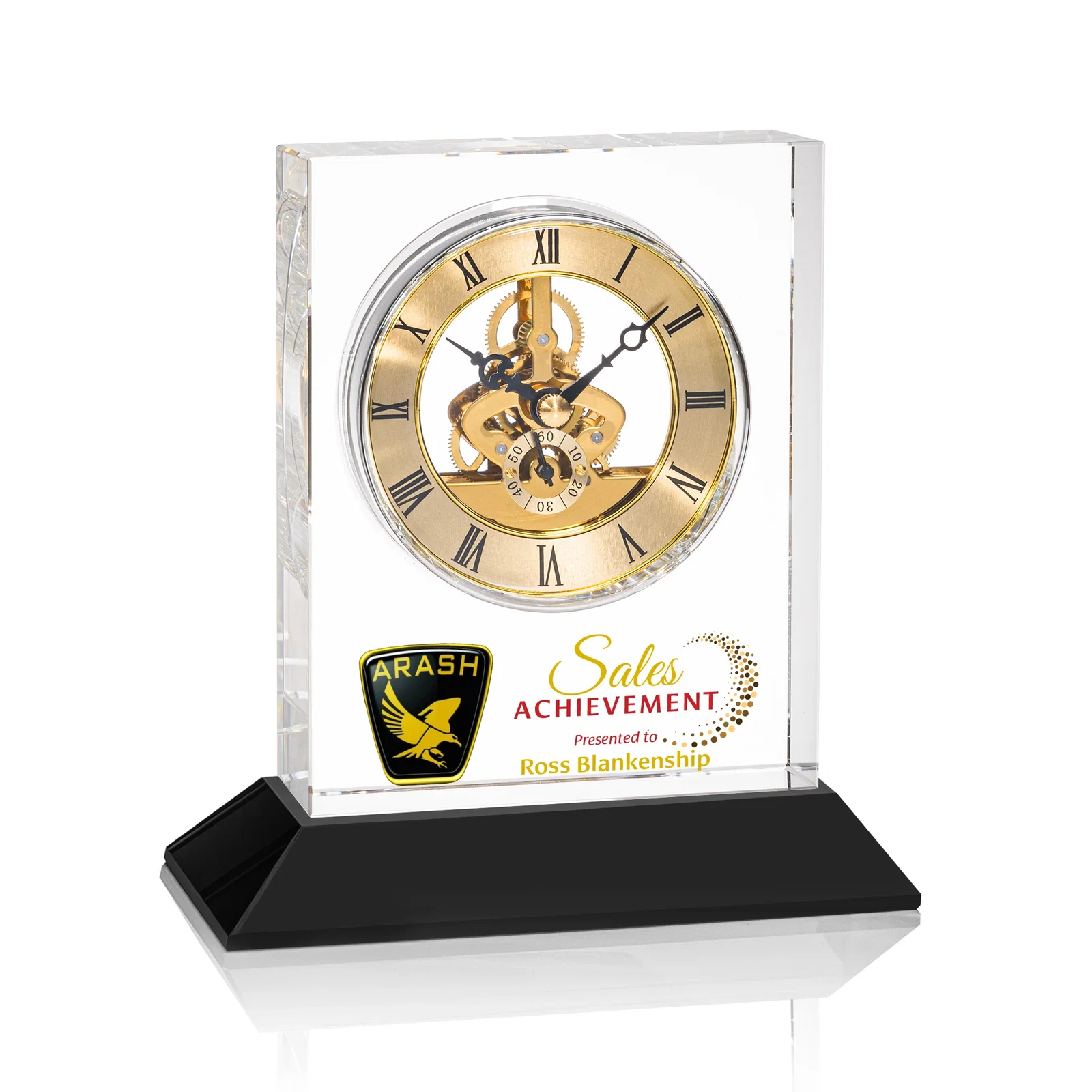 Custom Optical Crystal Skeleton Clock With Eleven Base Color Options for dealer and partner awards