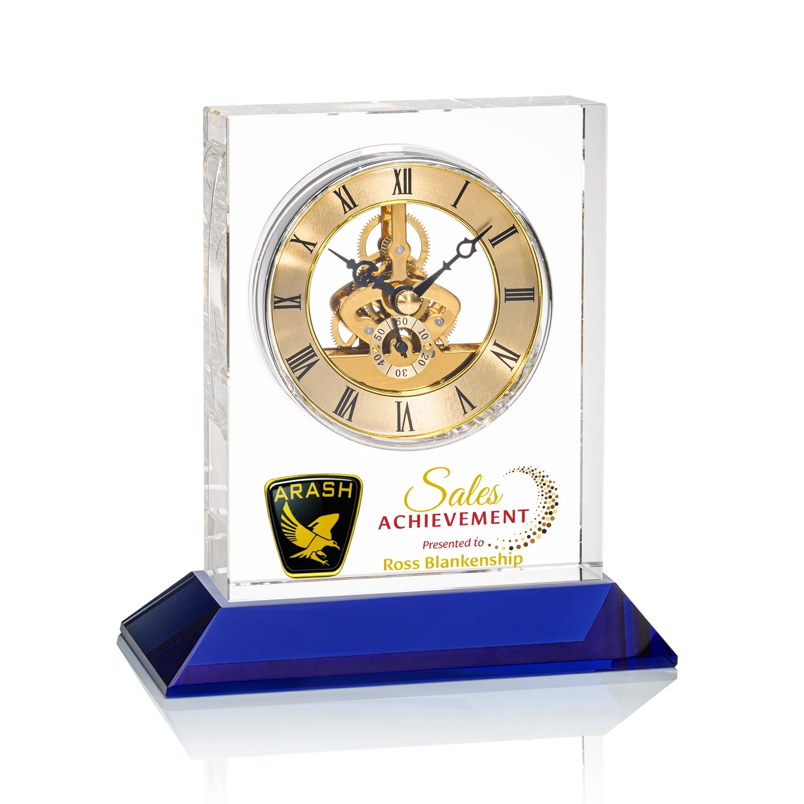 Custom Optical Crystal Skeleton Clock With Eleven Base Color Options for company anniversary events
