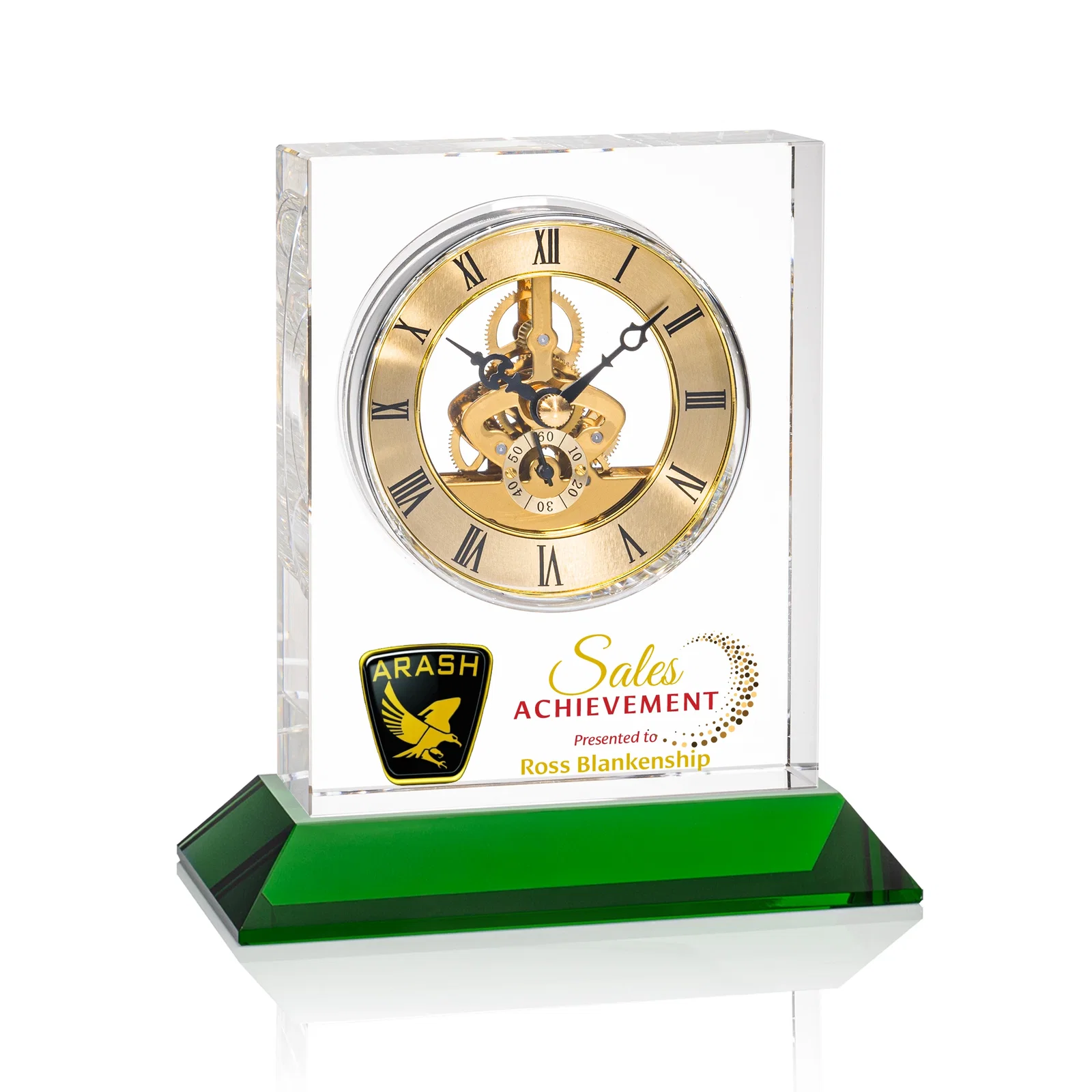 Personalized Optical Crystal Skeleton Clock With Eleven Base Color Options for employee recognition