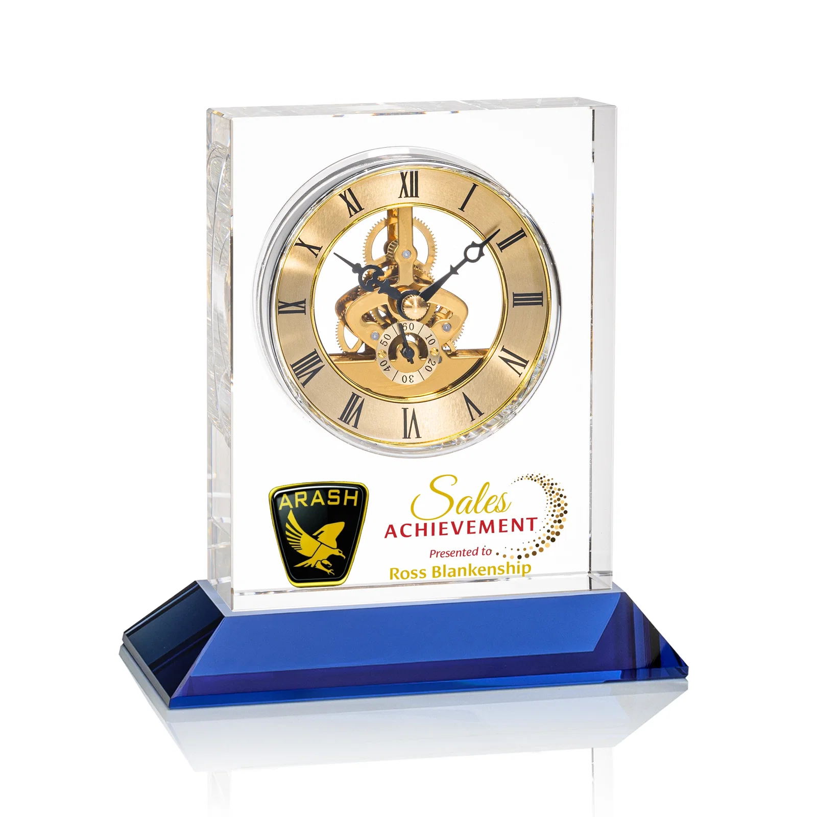 Personalized Optical Crystal Skeleton Clock With Eleven Base Color Options for corporate award ceremonies