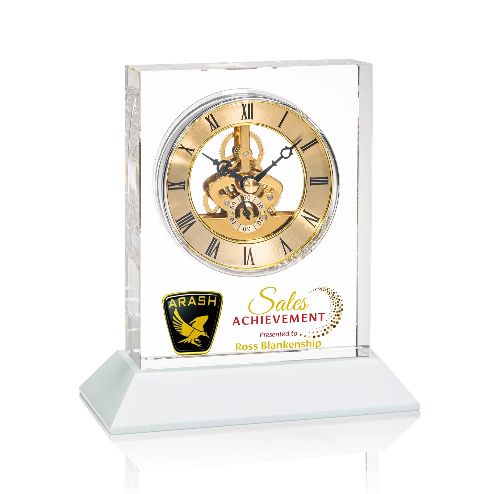 Personalized Optical Crystal Skeleton Clock With Eleven Base Color Options for service anniversary gifts