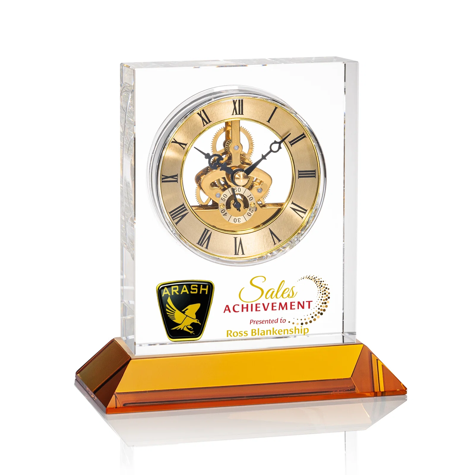 Personalized Optical Crystal Skeleton Clock With Eleven Base Color Options for sales achievement awards