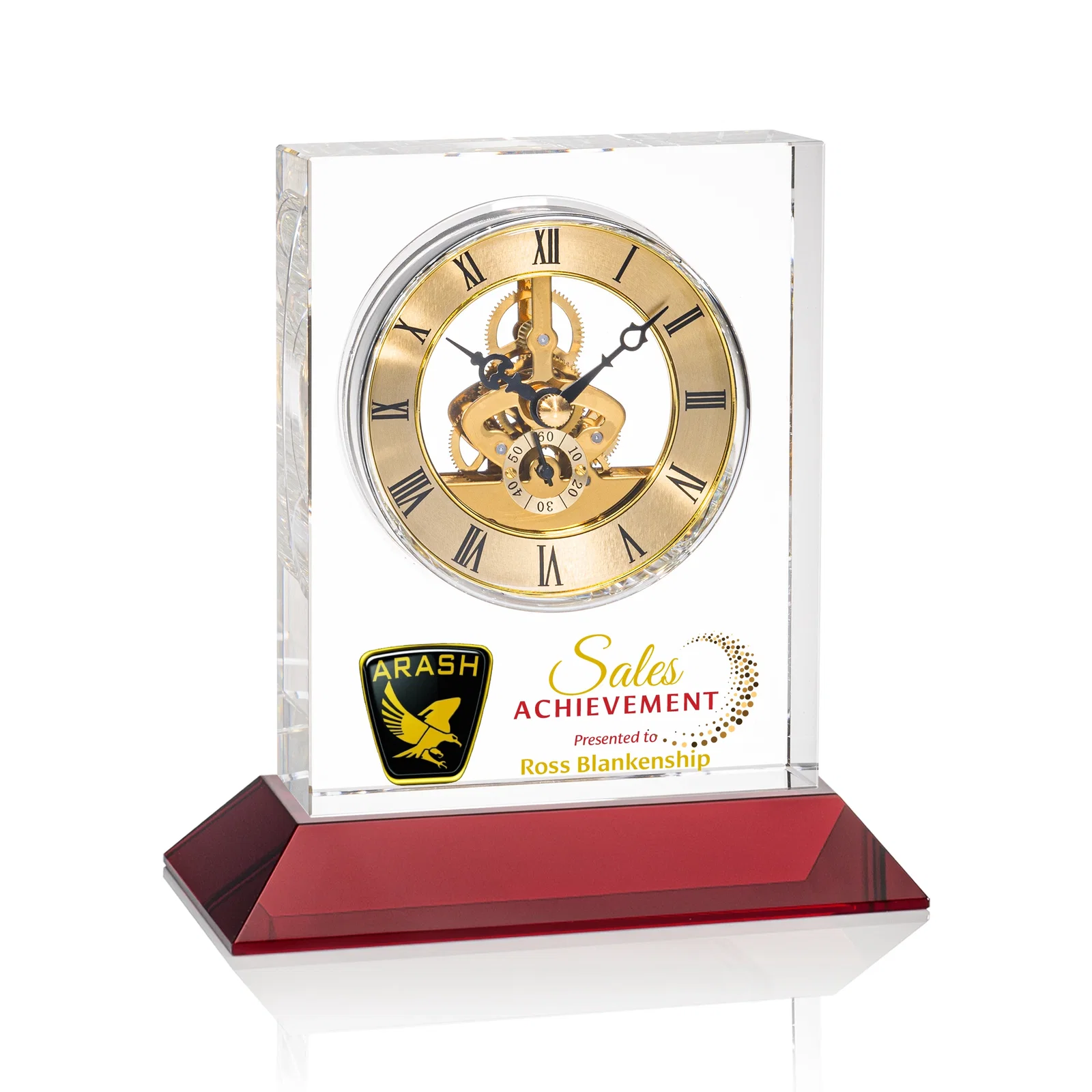 Personalized Optical Crystal Skeleton Clock With Eleven Base Color Options for retirement presentations