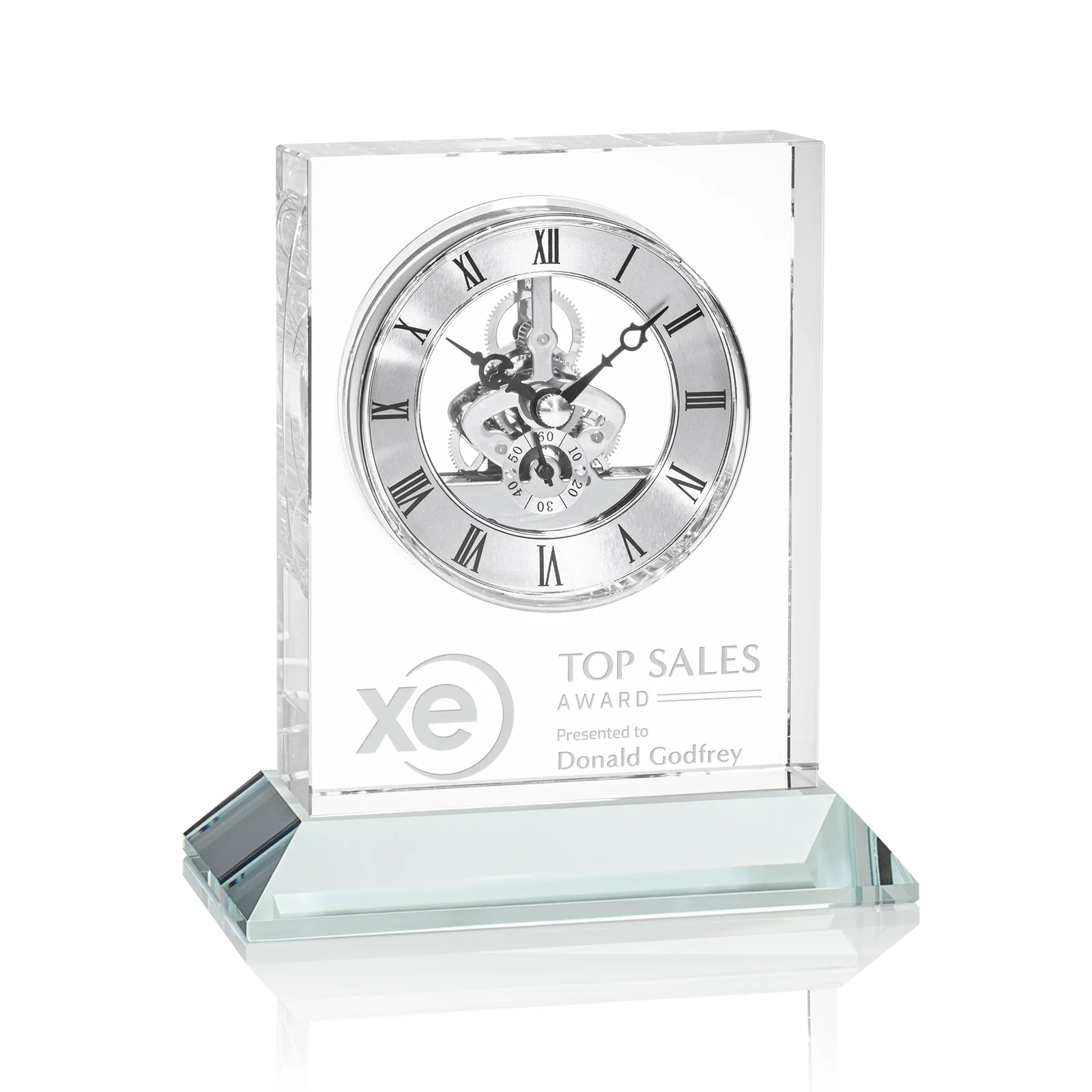 Personalized Optical Crystal Skeleton Clock With Eleven Base Color Options for donor appreciation