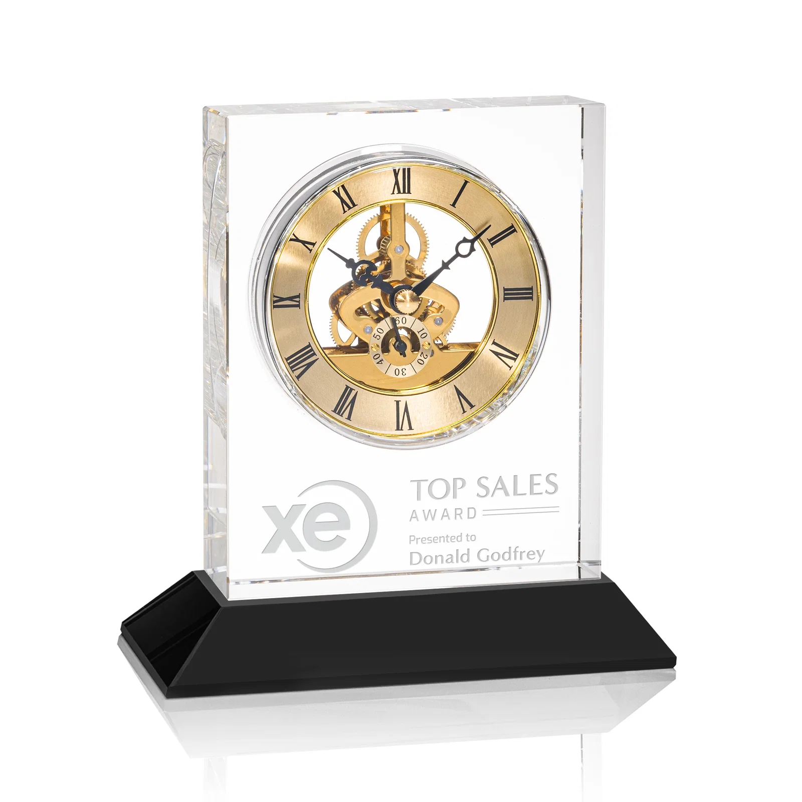 Custom Optical Crystal Skeleton Clock With Eleven Base Color Options for corporate award ceremonies