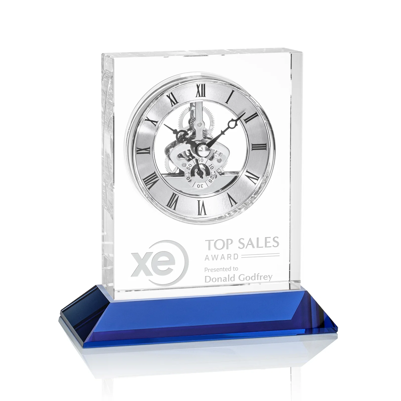 Personalized Optical Crystal Skeleton Clock With Eleven Base Color Options for dealer and partner awards