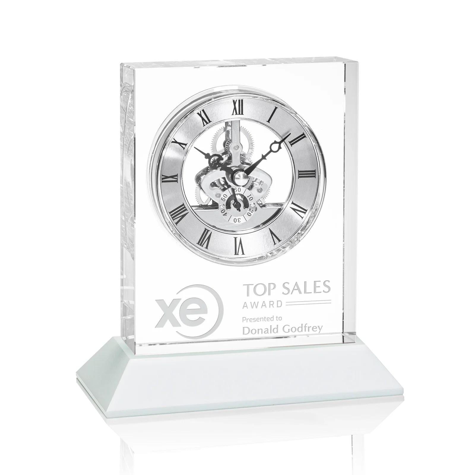 Personalized Optical Crystal Skeleton Clock With Eleven Base Color Options for company anniversary events