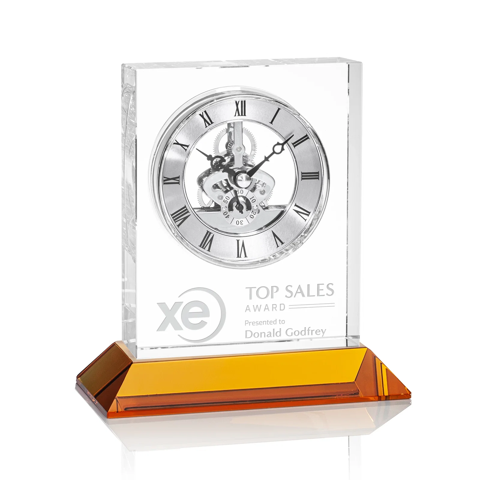 Promotional Optical Crystal Skeleton Clock With Eleven Base Color Options for employee recognition