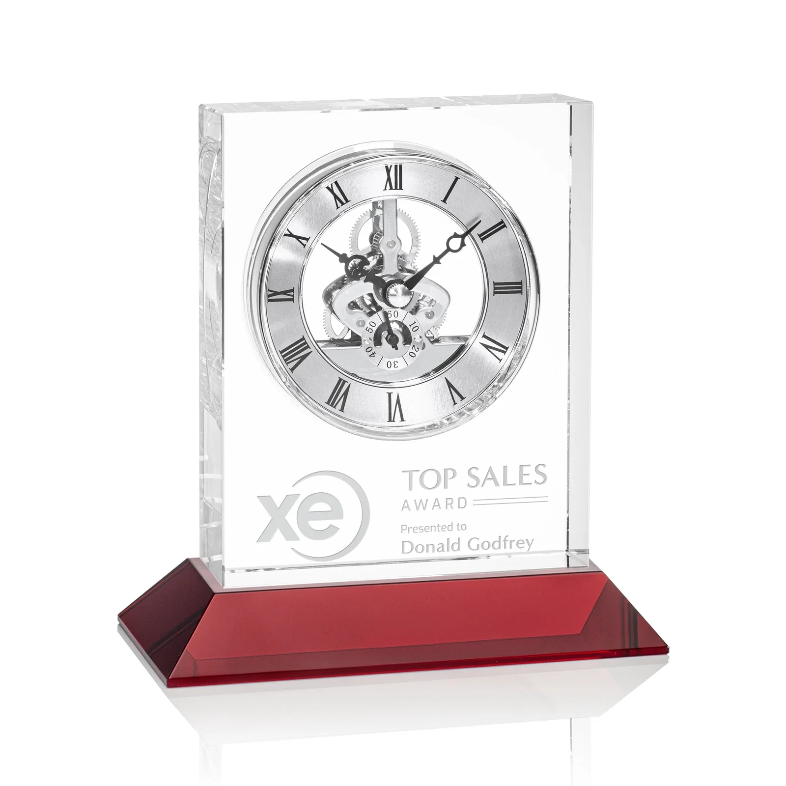 Promotional Optical Crystal Skeleton Clock With Eleven Base Color Options for corporate award ceremonies