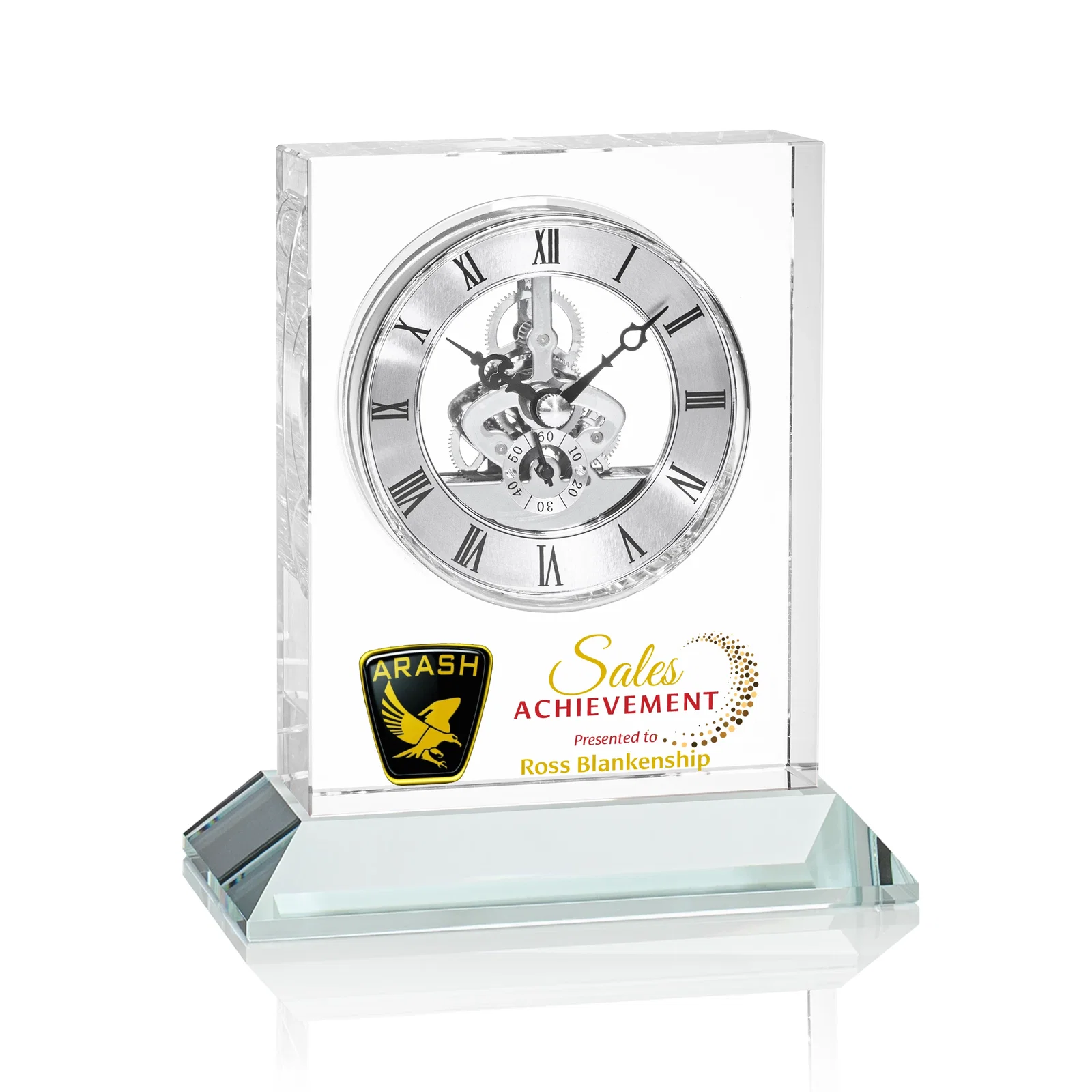 Promotional Optical Crystal Skeleton Clock With Eleven Base Color Options for sales achievement awards