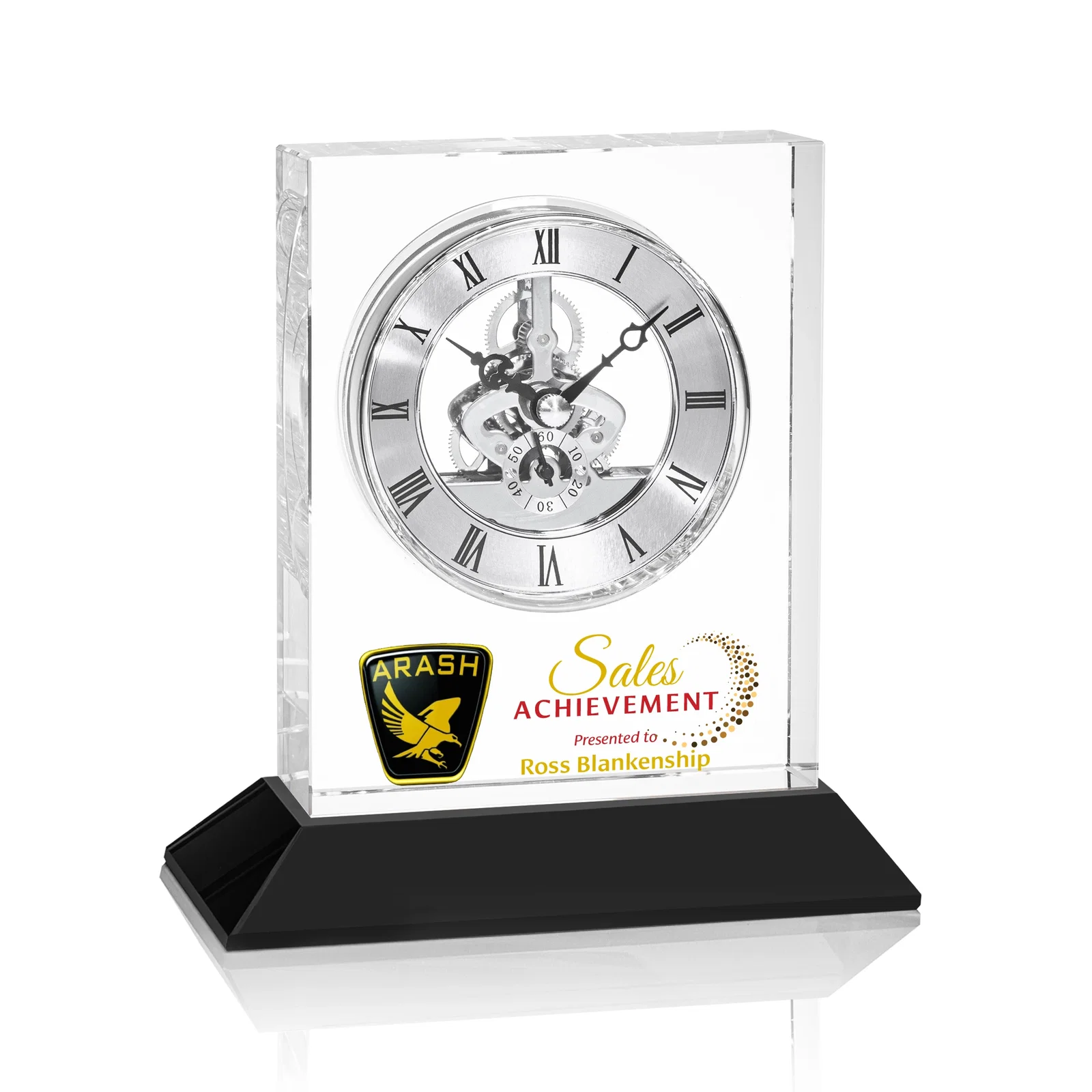 Promotional Optical Crystal Skeleton Clock With Eleven Base Color Options for retirement presentations