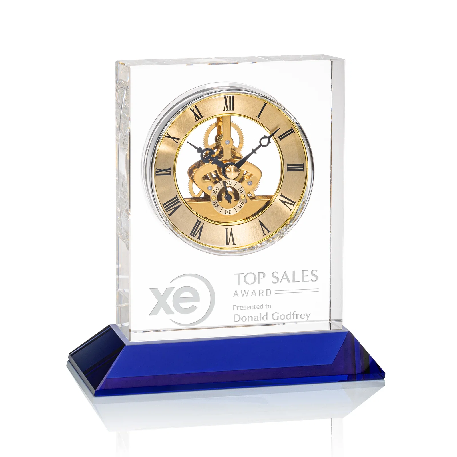 Custom Optical Crystal Skeleton Clock With Eleven Base Color Options for service anniversary gifts