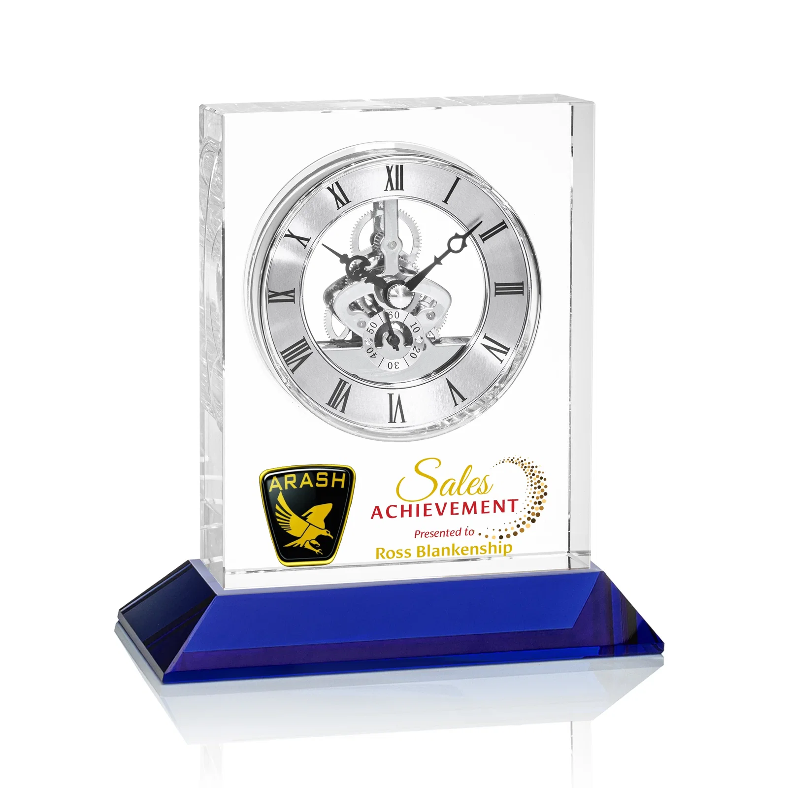 Promotional Optical Crystal Skeleton Clock With Eleven Base Color Options for team milestone celebrations