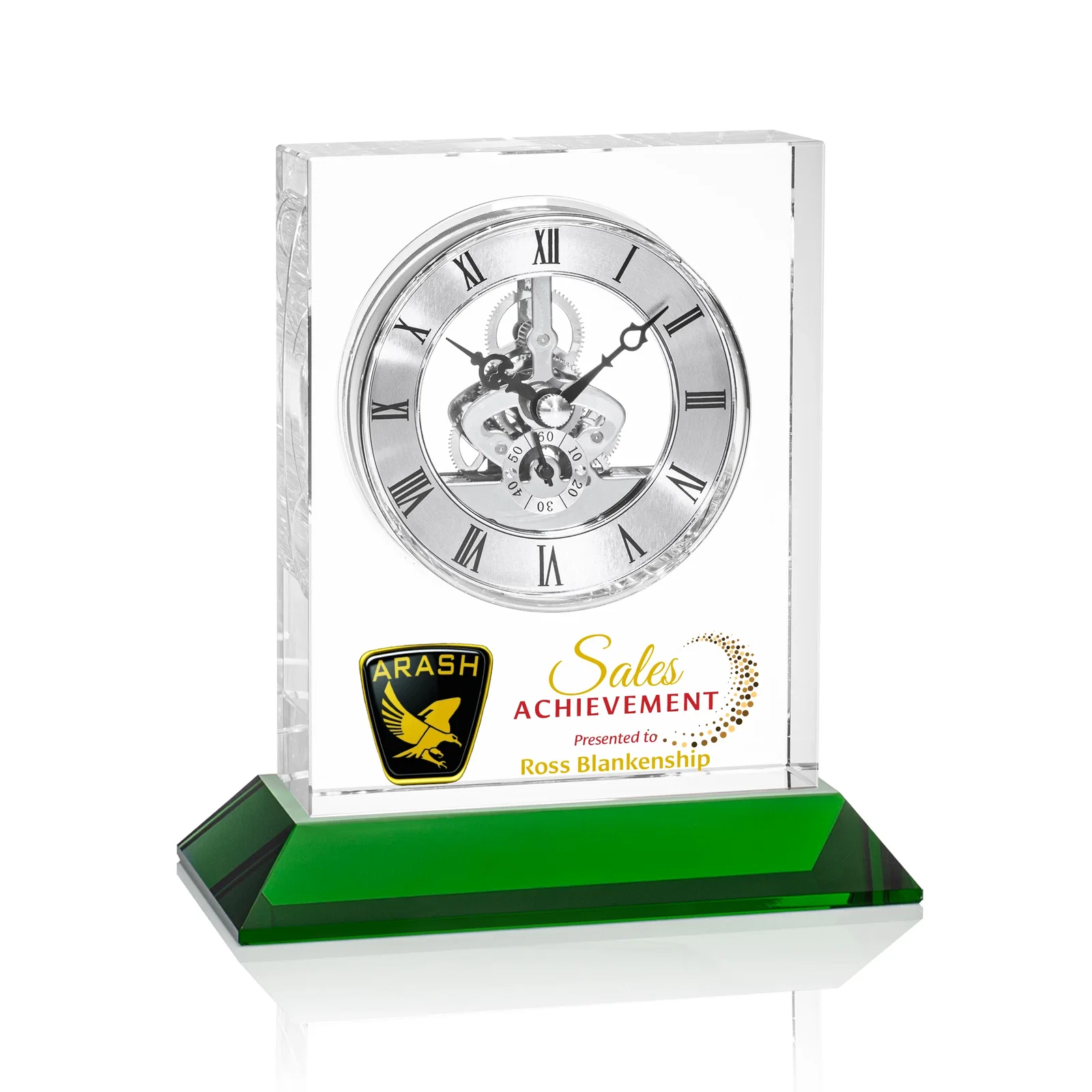 Promotional Optical Crystal Skeleton Clock With Eleven Base Color Options for donor appreciation