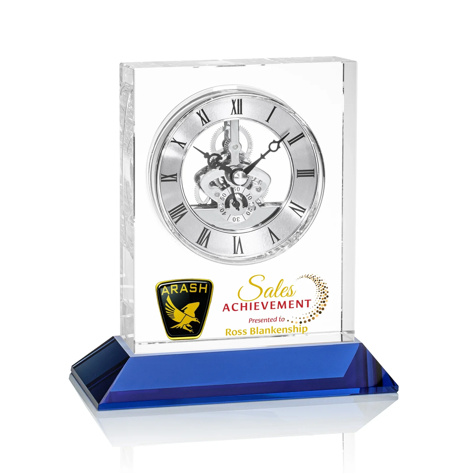 Promotional Optical Crystal Skeleton Clock With Eleven Base Color Options for graduation ceremonies