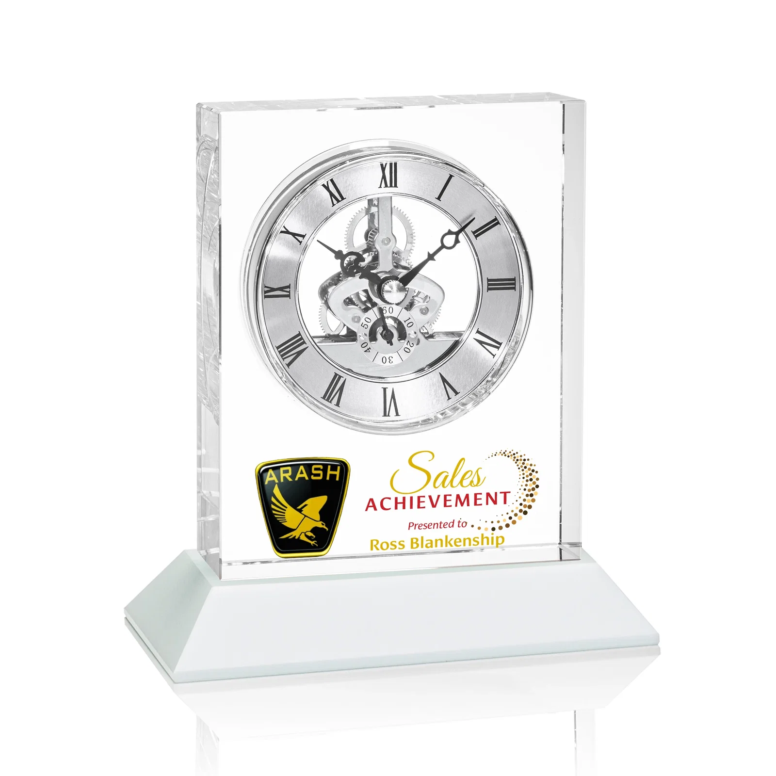 Promotional Optical Crystal Skeleton Clock With Eleven Base Color Options for safety achievement programs