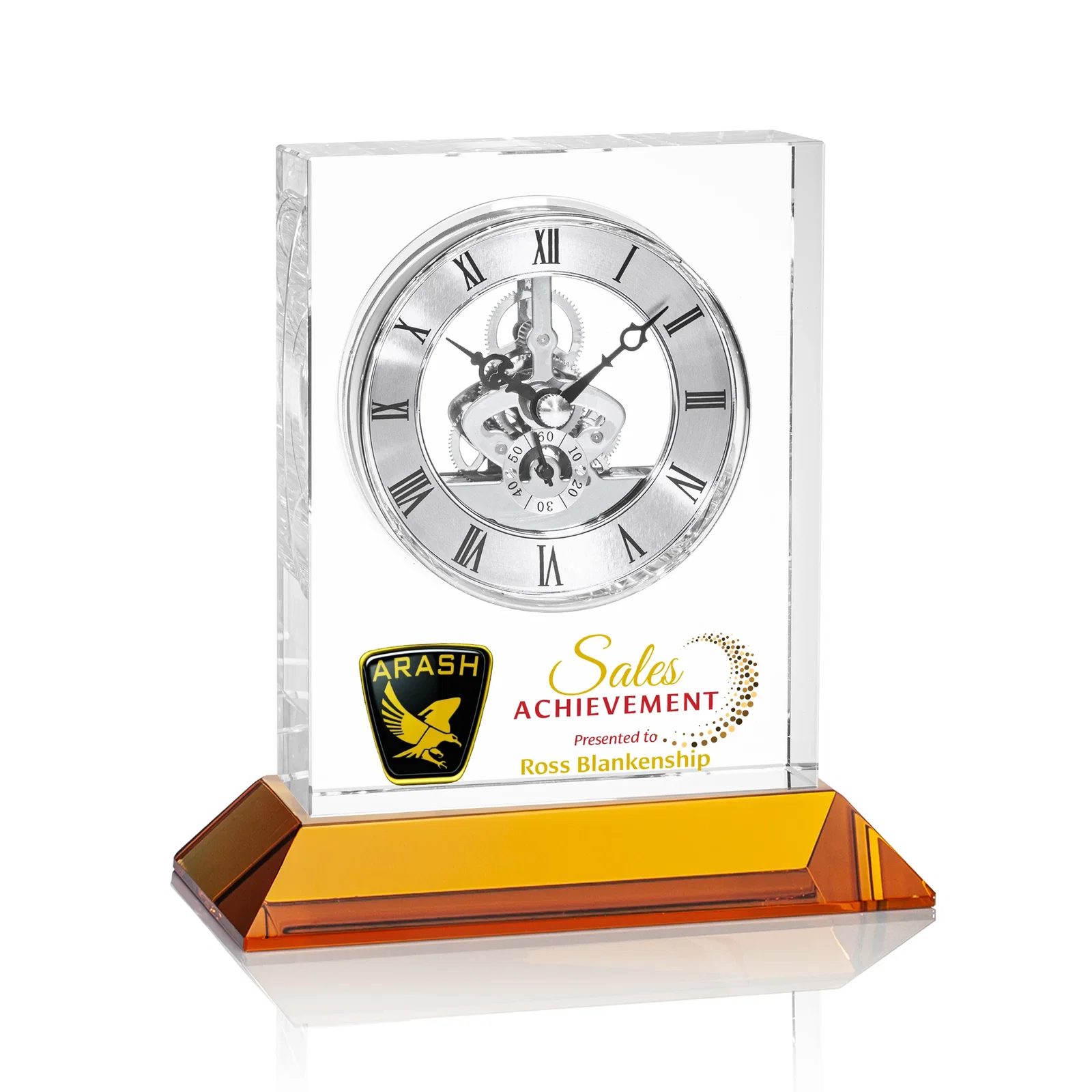 Promotional Optical Crystal Skeleton Clock With Eleven Base Color Options for volunteer appreciation