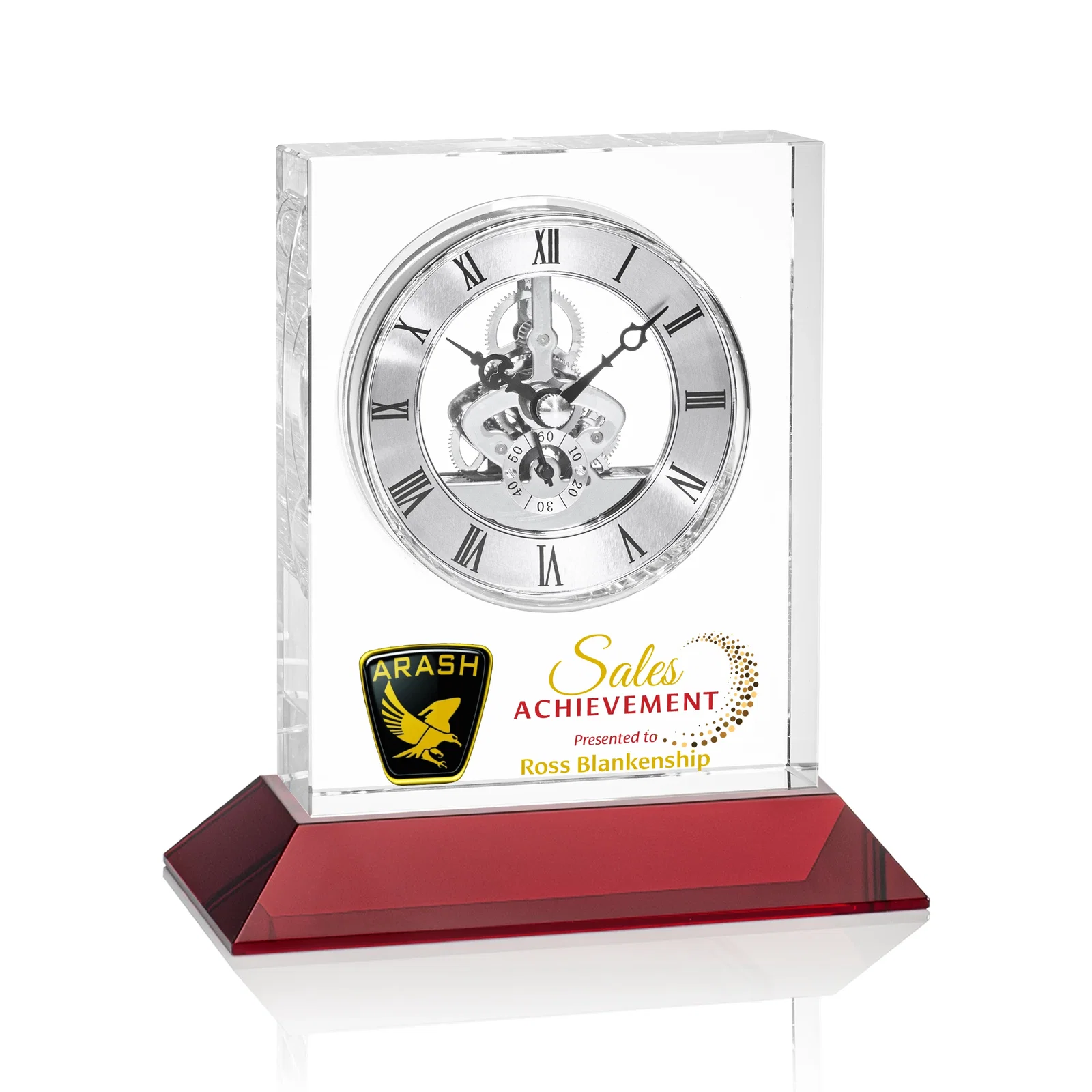 Promotional Optical Crystal Skeleton Clock With Eleven Base Color Options for dealer and partner awards