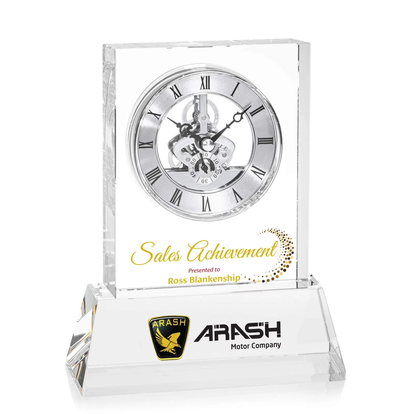 Promotional Optical Crystal Skeleton Clock With Eleven Base Color Options for company anniversary events