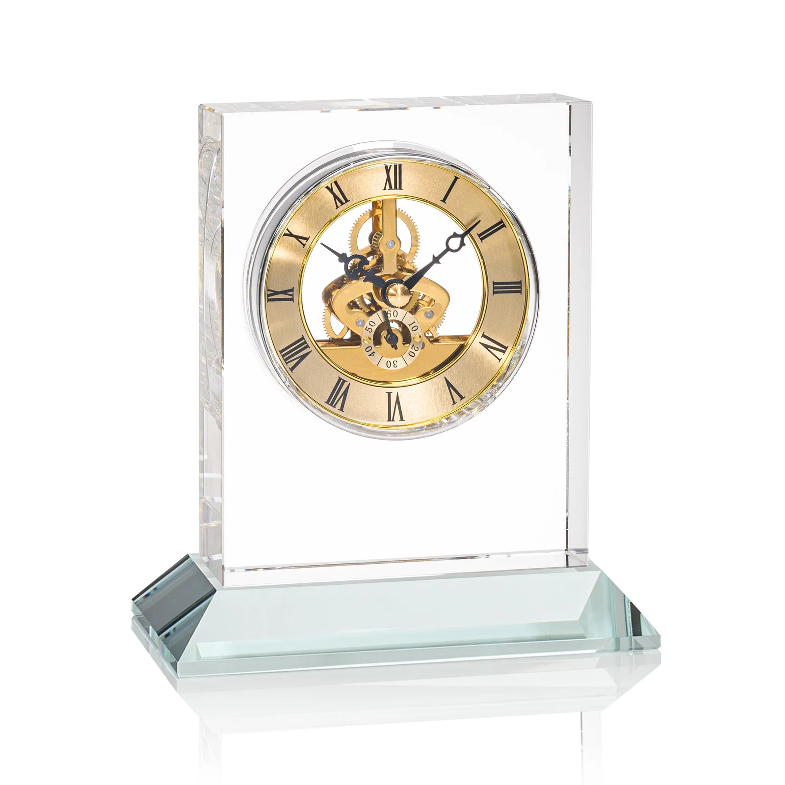 Branded Optical Crystal Skeleton Clock With Eleven Base Color Options for employee recognition