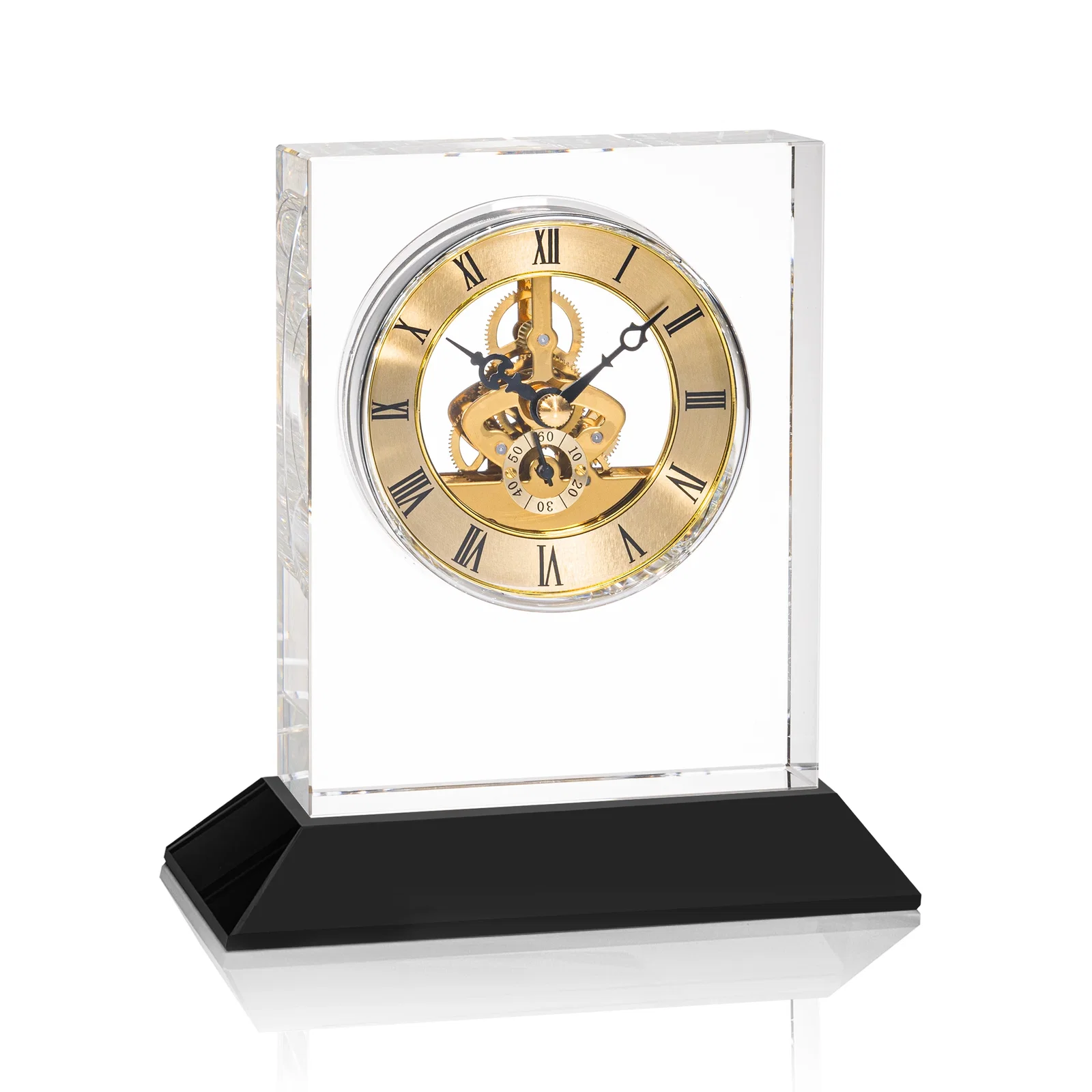 Branded Optical Crystal Skeleton Clock With Eleven Base Color Options for corporate award ceremonies