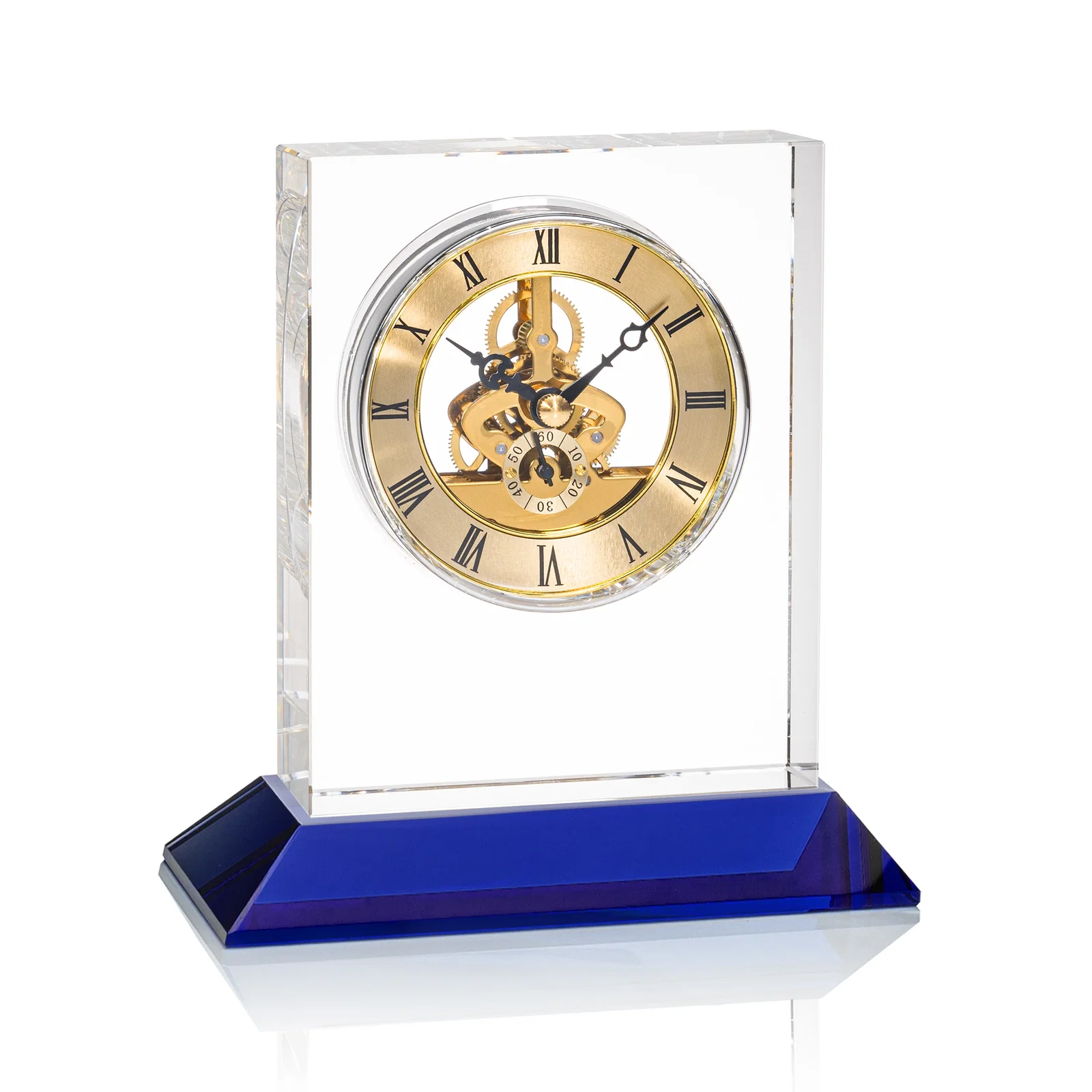 Branded Optical Crystal Skeleton Clock With Eleven Base Color Options for service anniversary gifts