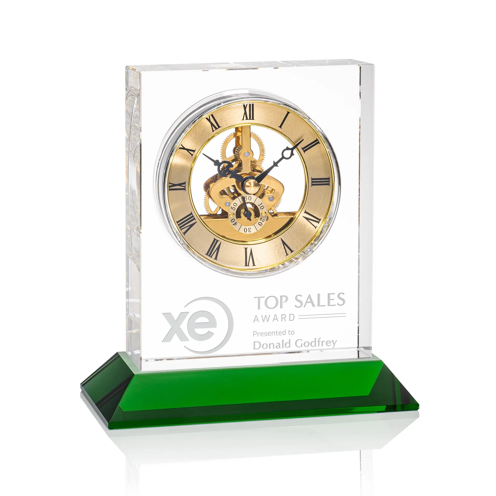 Custom Optical Crystal Skeleton Clock With Eleven Base Color Options for sales achievement awards