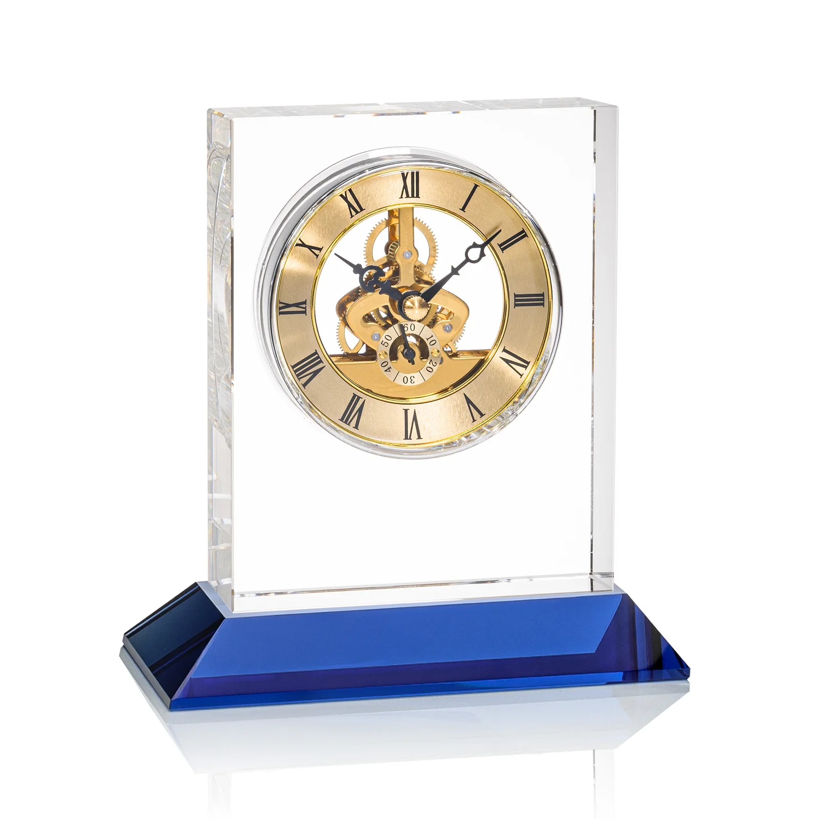 Branded Optical Crystal Skeleton Clock With Eleven Base Color Options for retirement presentations