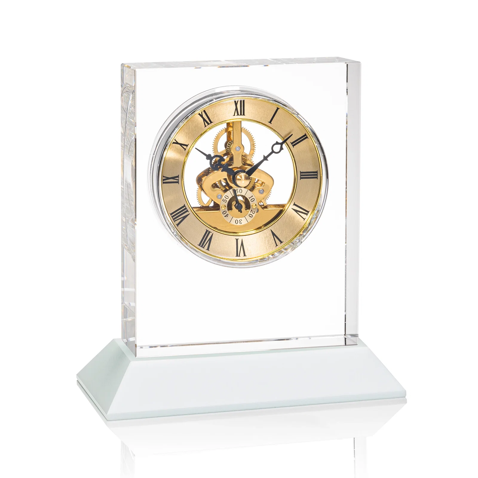 Branded Optical Crystal Skeleton Clock With Eleven Base Color Options for team milestone celebrations