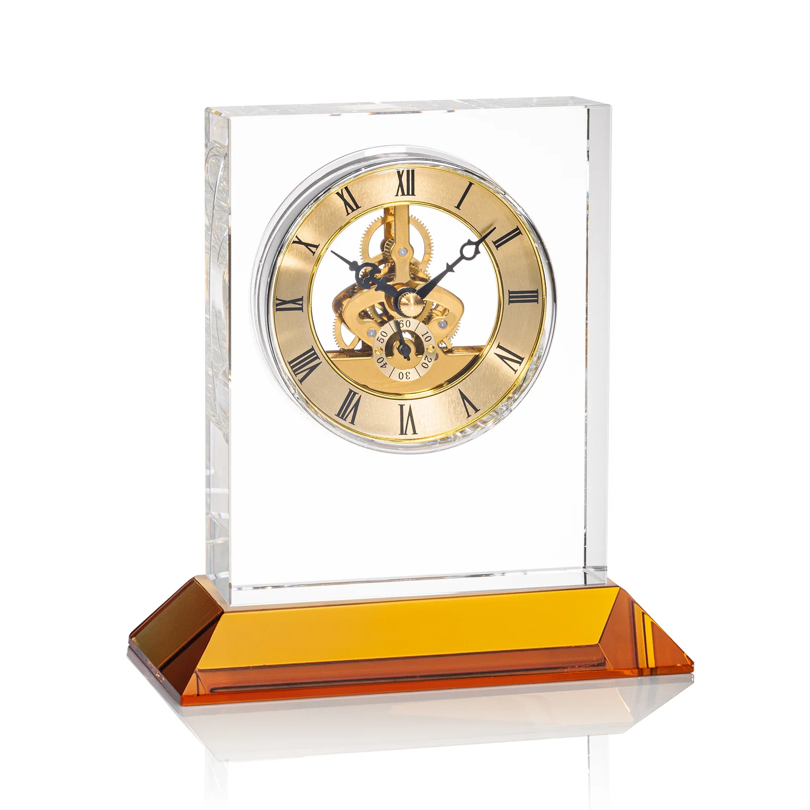 Branded Optical Crystal Skeleton Clock With Eleven Base Color Options for donor appreciation