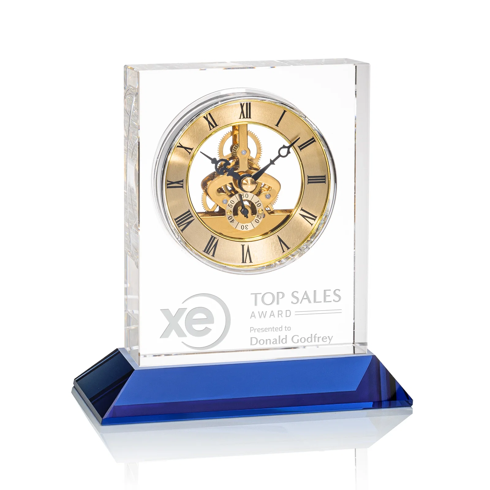 Custom Optical Crystal Skeleton Clock With Eleven Base Color Options for retirement presentations